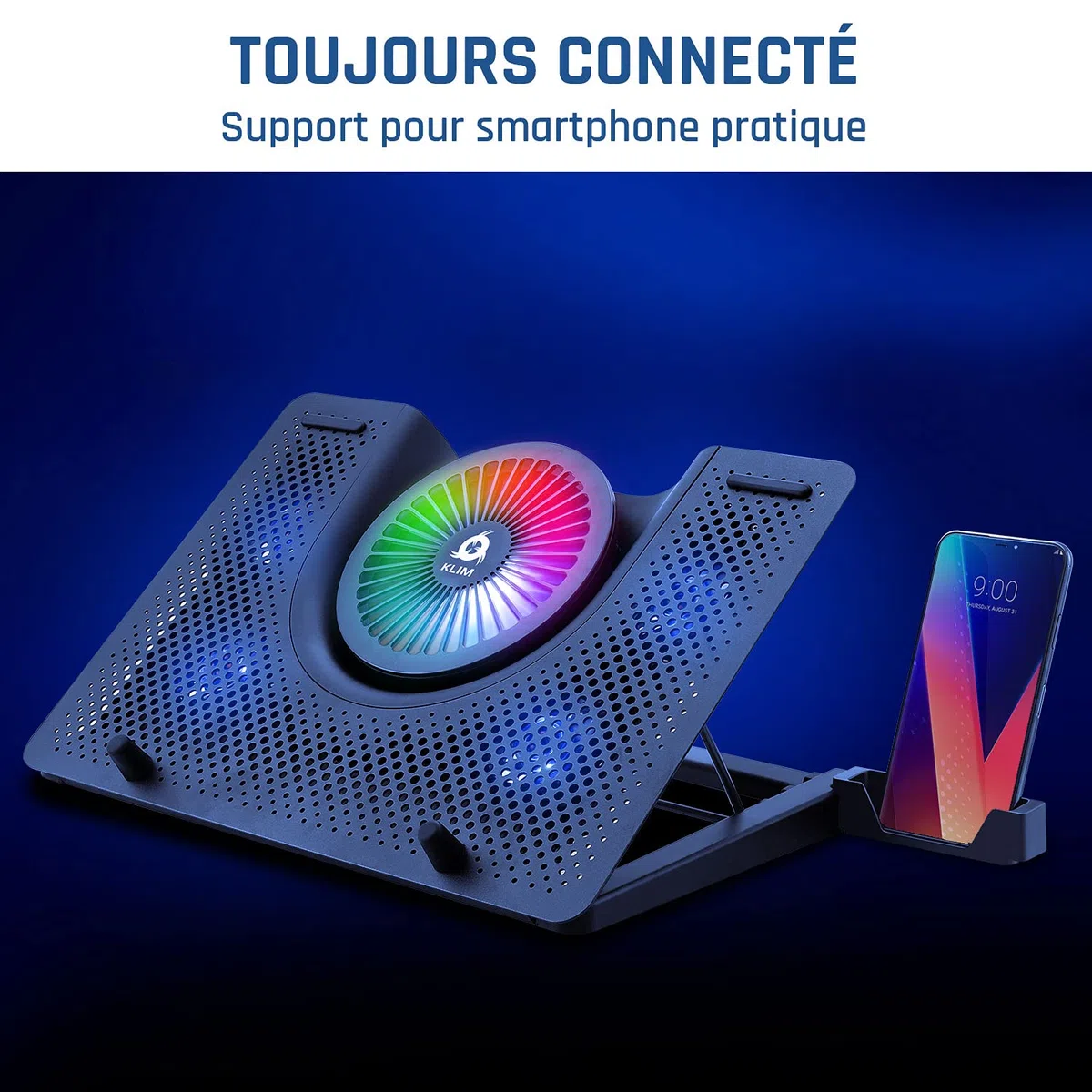 KLIM Nova - Refroidisseur PC Portable - 11" à 17" - Éclairage RGB - Support Ordinateur Portable Gaming - Ventilateur USB - Stable et Silencieux - Compatible avec Mac et PS4 - Nouveauté