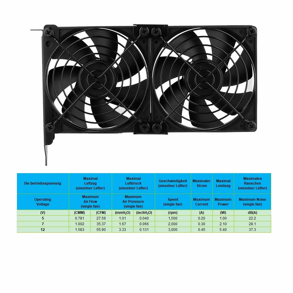 Ventilateur de Carte Graphique 2 x 92 mm - Flux d'Air Élevé, Refroidisseur de Support PCI - GPU, Compatible 5V, 7V, 12V et Carte Mère
