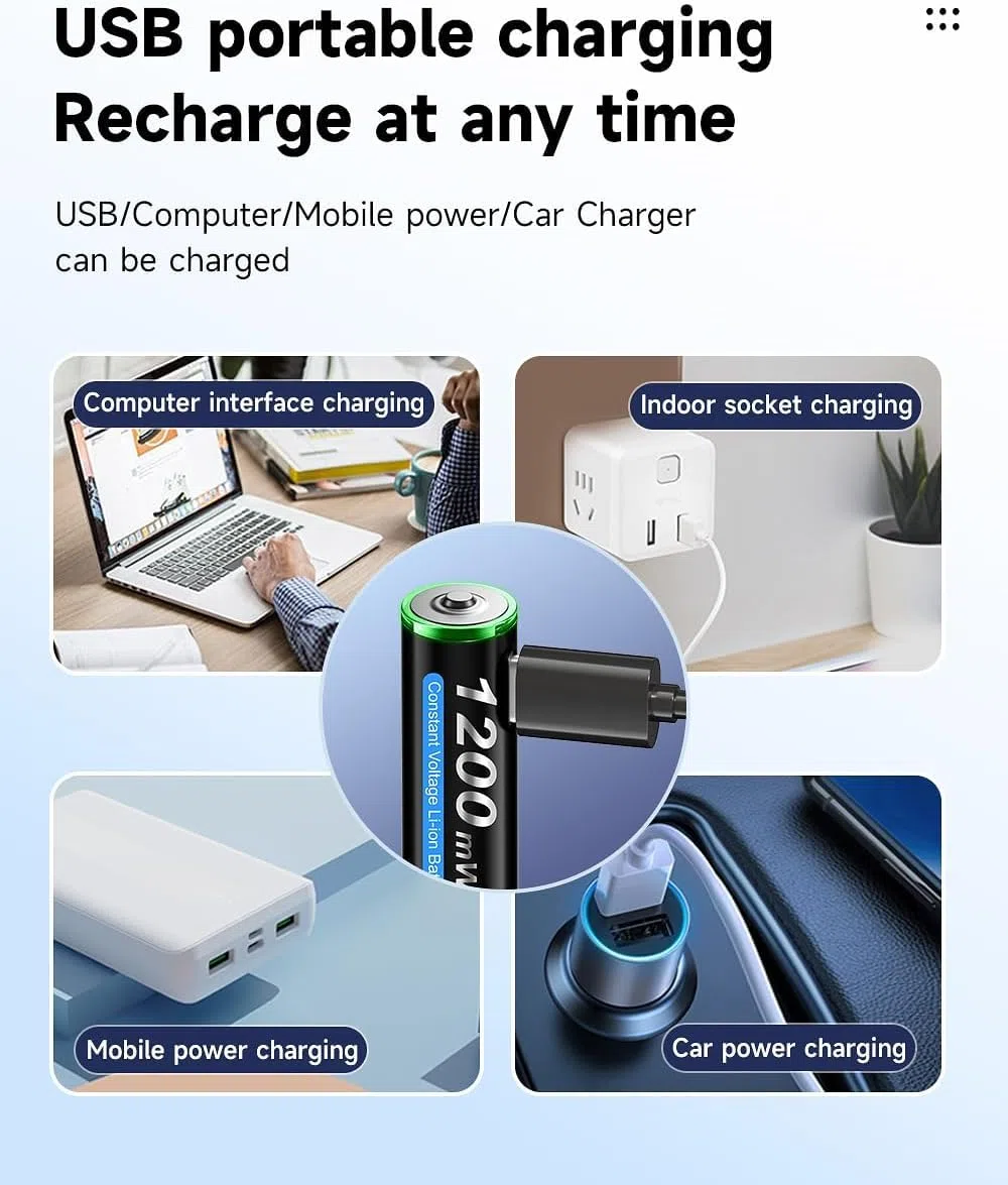 CITYORK Lot de 8 piles rechargeables USB-C AAA au lithium 1,5 V 1200 mWh avec câble de charge USB 4 en 1