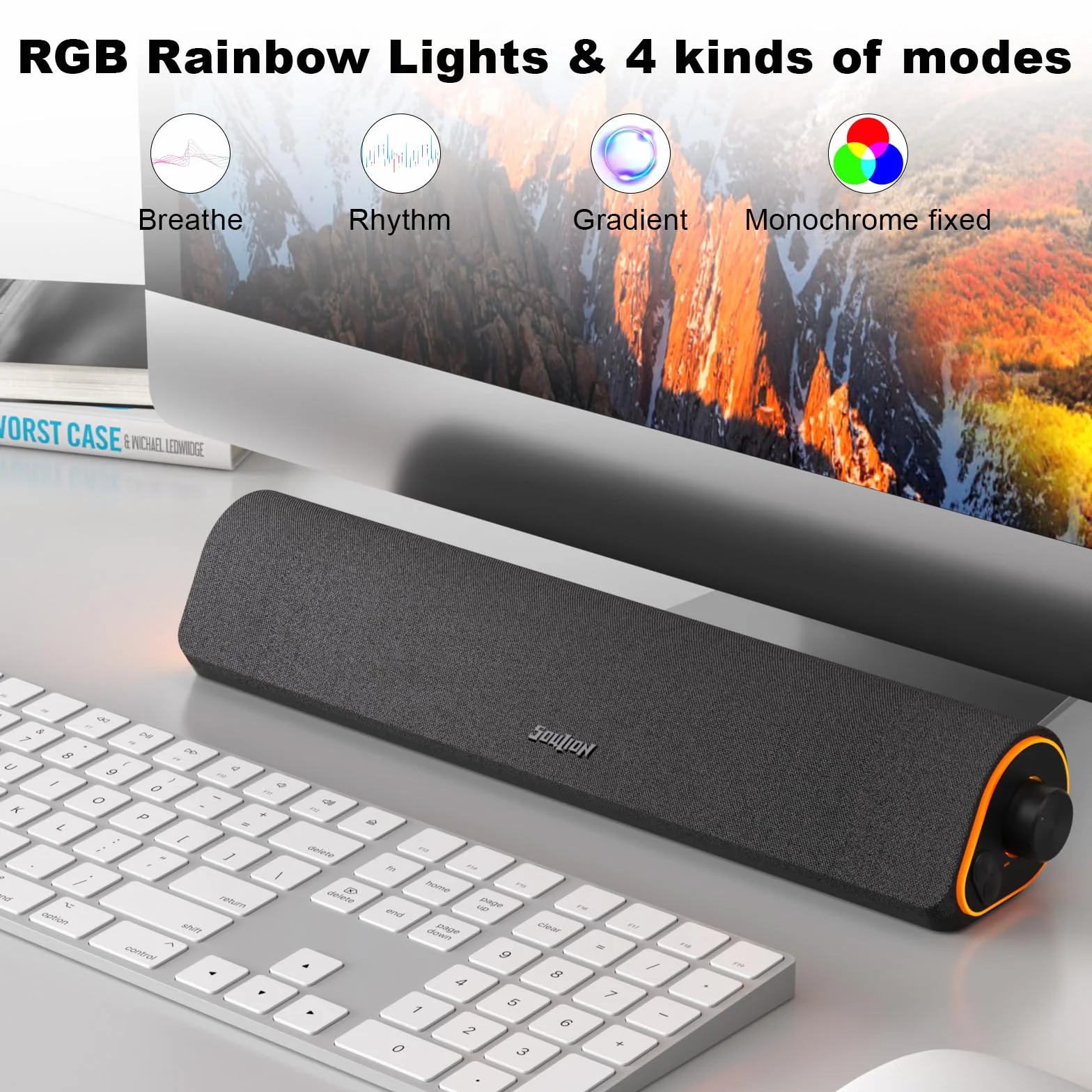 SOULION R50 Enceinte PC pour Ordinateur Portable, Tablette, Moniteur | Bluetooth & 3,5 mm, Alimenté par USB, Barre de Son PC, RGB, 42 x 8 x 9cm