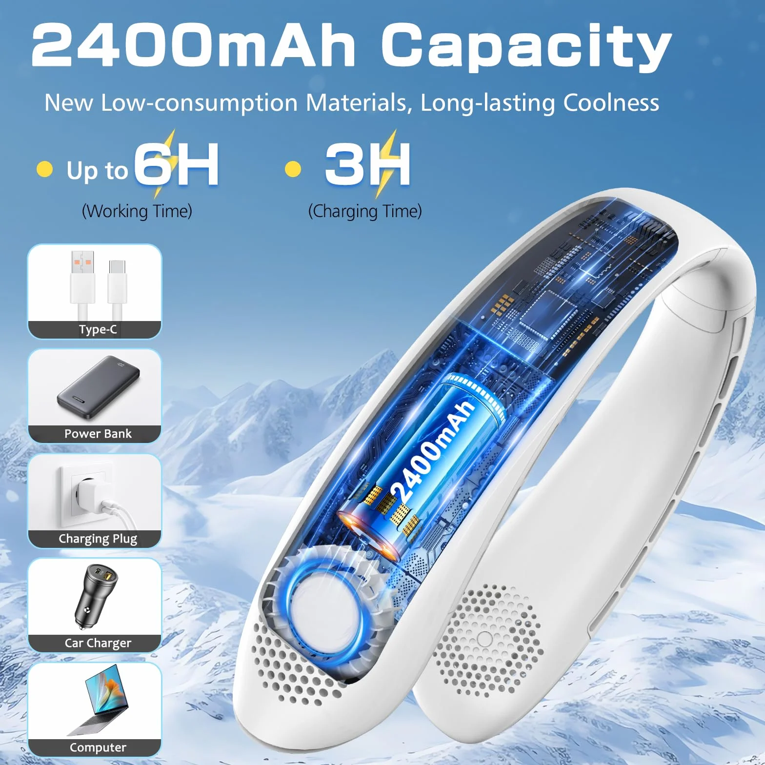 YAZEKY Ventilateur de Cou,Portable USB Ventilateur de cou sans lame Silencieux avec flux d’air à 360°,3 Vitesses Rechargeable Mini Ventilateur Personnel pour Bureau Domicile Voyage En Plein Air(Blanc)