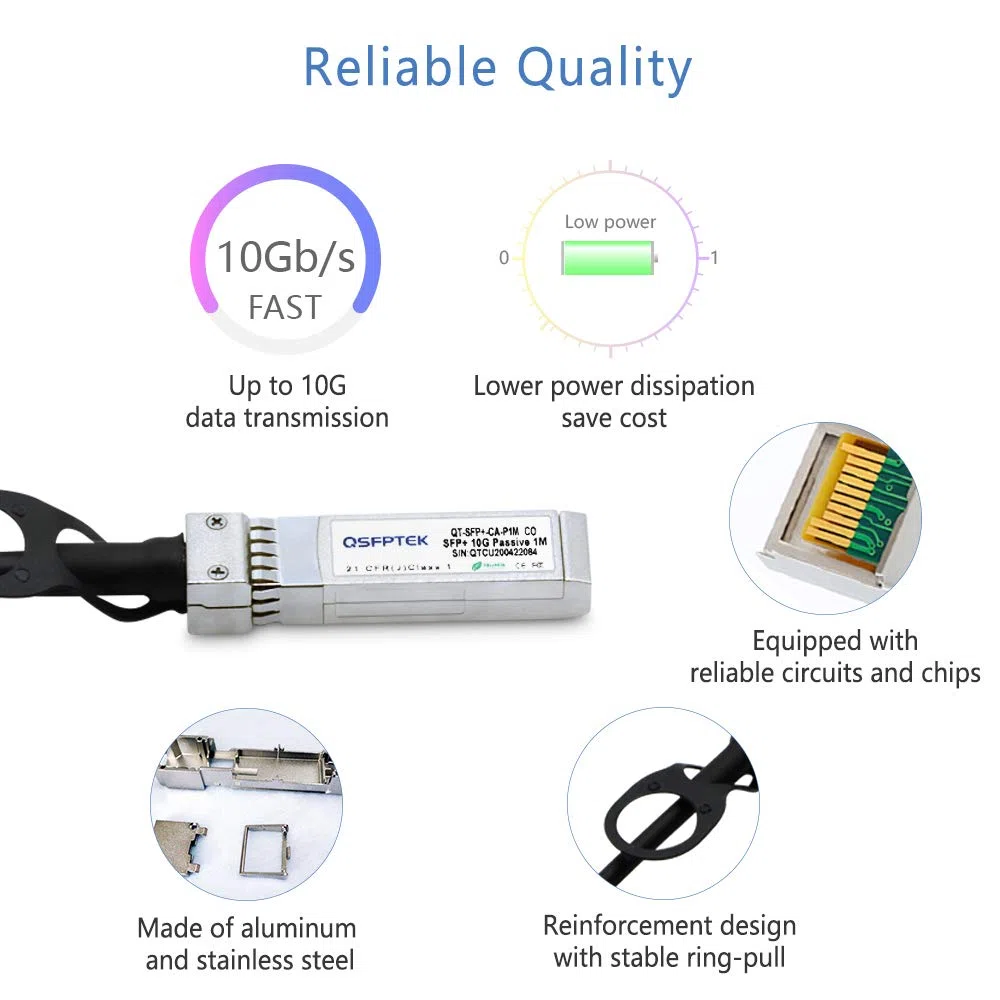 QSFPTEK 10G SFP+ DAC Câble 2 Mètres (2M), Câble de Cuivre à Connexion Directe Passive per Cisco SFP-H10GB-CU2M, Ubiquiti, D-Link, Mikrotik, Dispositivi Open Switch de Code Neutre