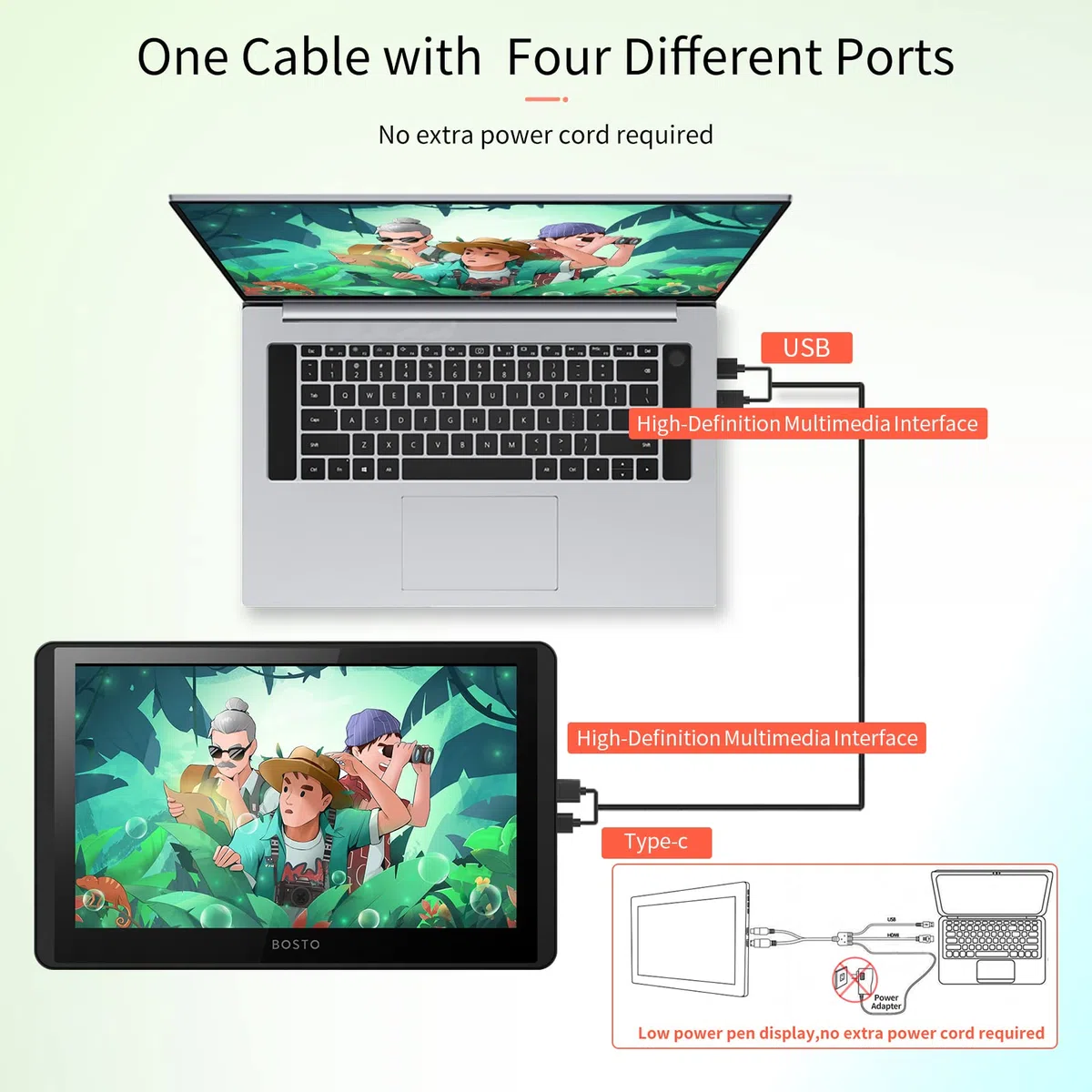 ZJchao Bosto 12HD A H LCD Graphics Drawing Tablet Monitor 11,6 Pouces 768p Résolution 8192 Tablette de Dessin à Alimentation USB pour MacOS