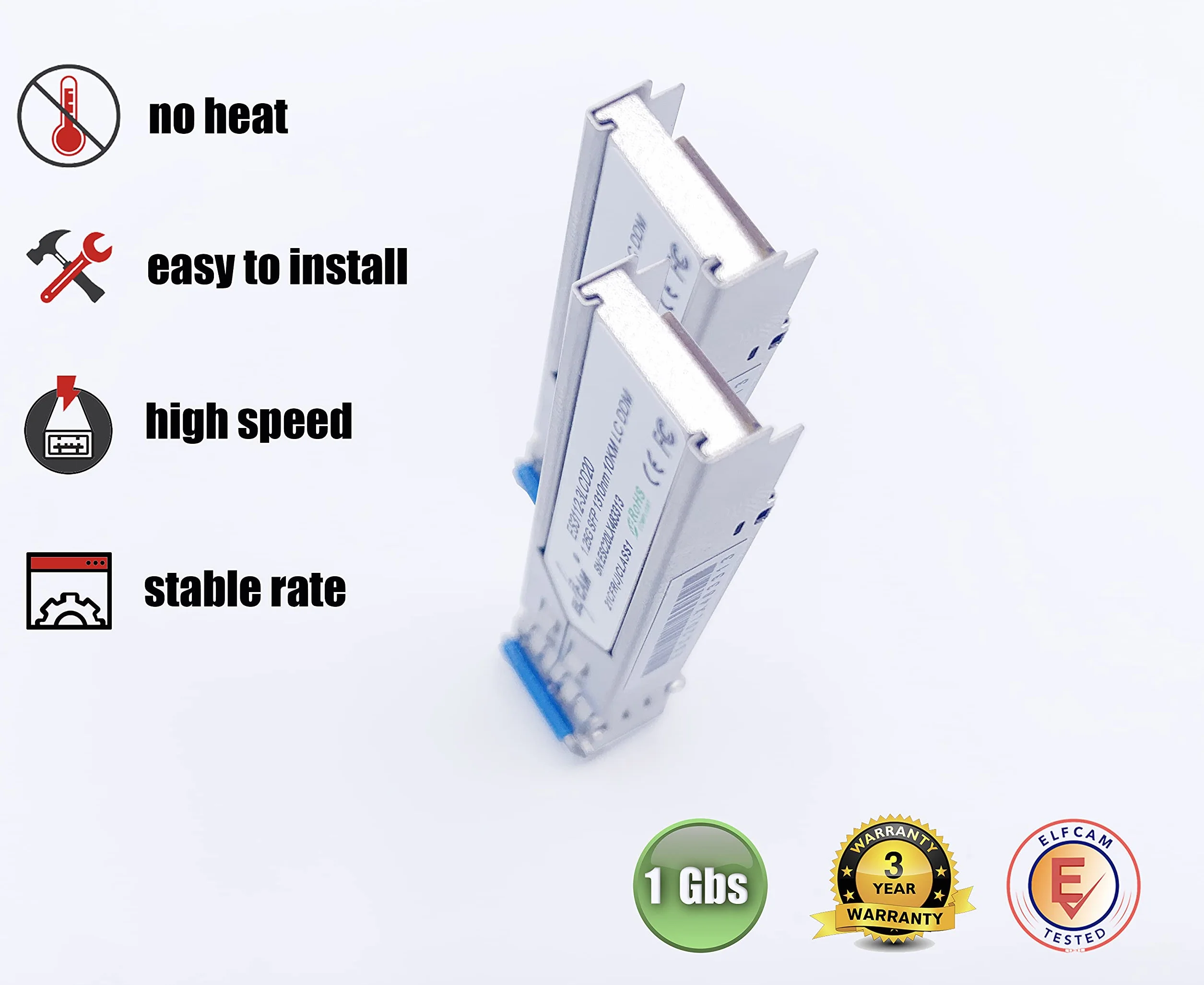 Elfcam - 2 Pack 1,25Gb SFP Module de Transceiver à Fibre Optique 1310nm 10km, Connecteur de Fibre Optique LC/UPC Monomode Duplex Compatible avec Cisco, Ubiquiti Networks, Huawei, D-Link, Open Switch