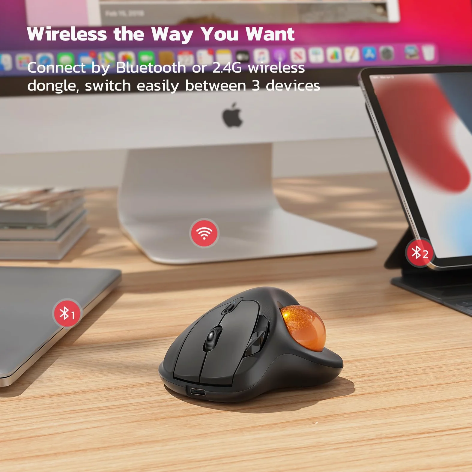 Nulea Trackball ergonomique rechargeable M501 – Contrôle par le pouce, suivi fluide, 3 appareils (Bluetooth/USB), compatible avec PC, ordinateur portable, Mac, Windows (orange pâle)
