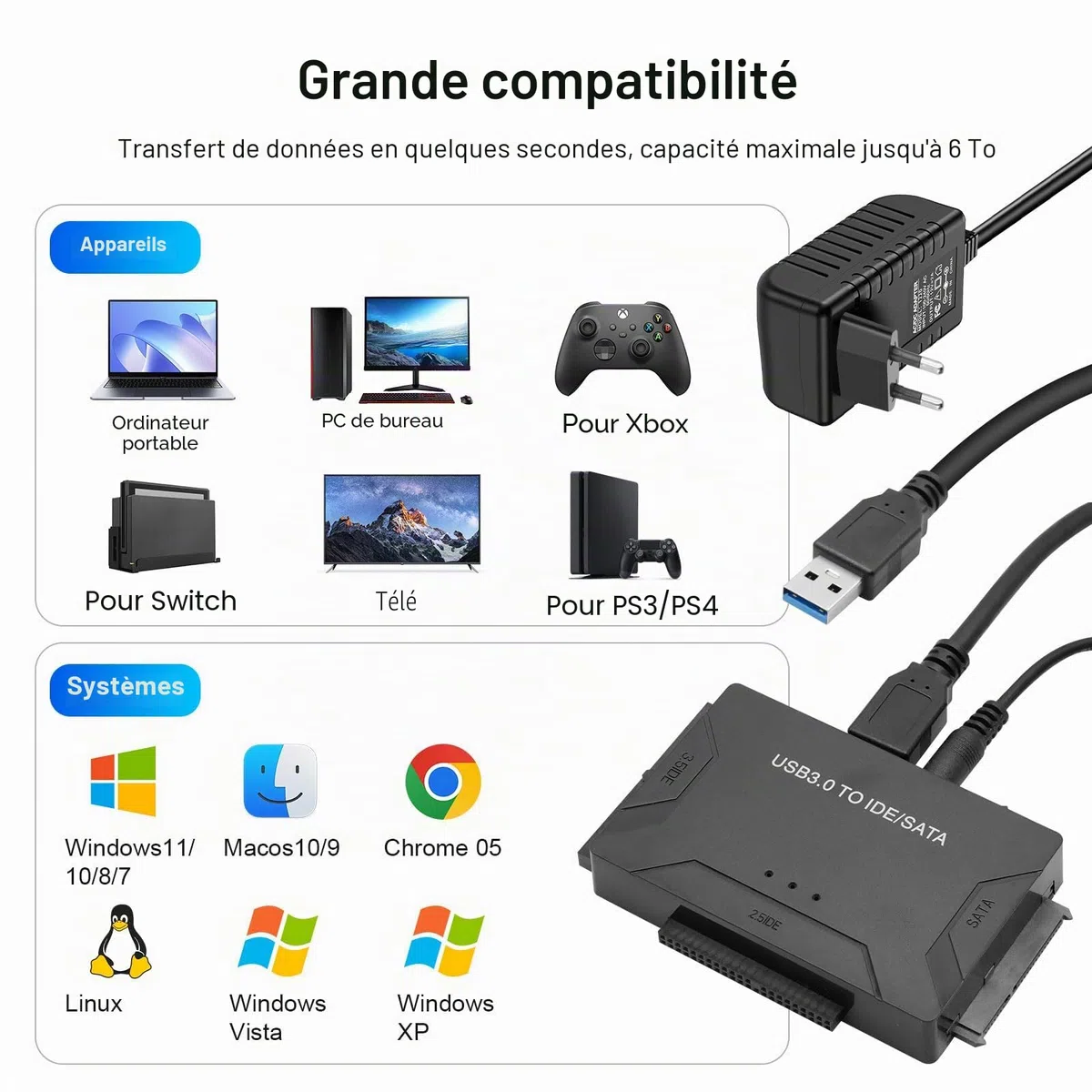 5Gbps Adaptateur Disque Dur USB 3.0 pour 2.5"/ 3.5" HDD/SSD, Convertisseur SATA et IDE Adaptateur de Disque Dur IDE/SATA pour Windows 11/10/8/7/XP/Vista avec Câble USB/Alimentation 12 V 2 A