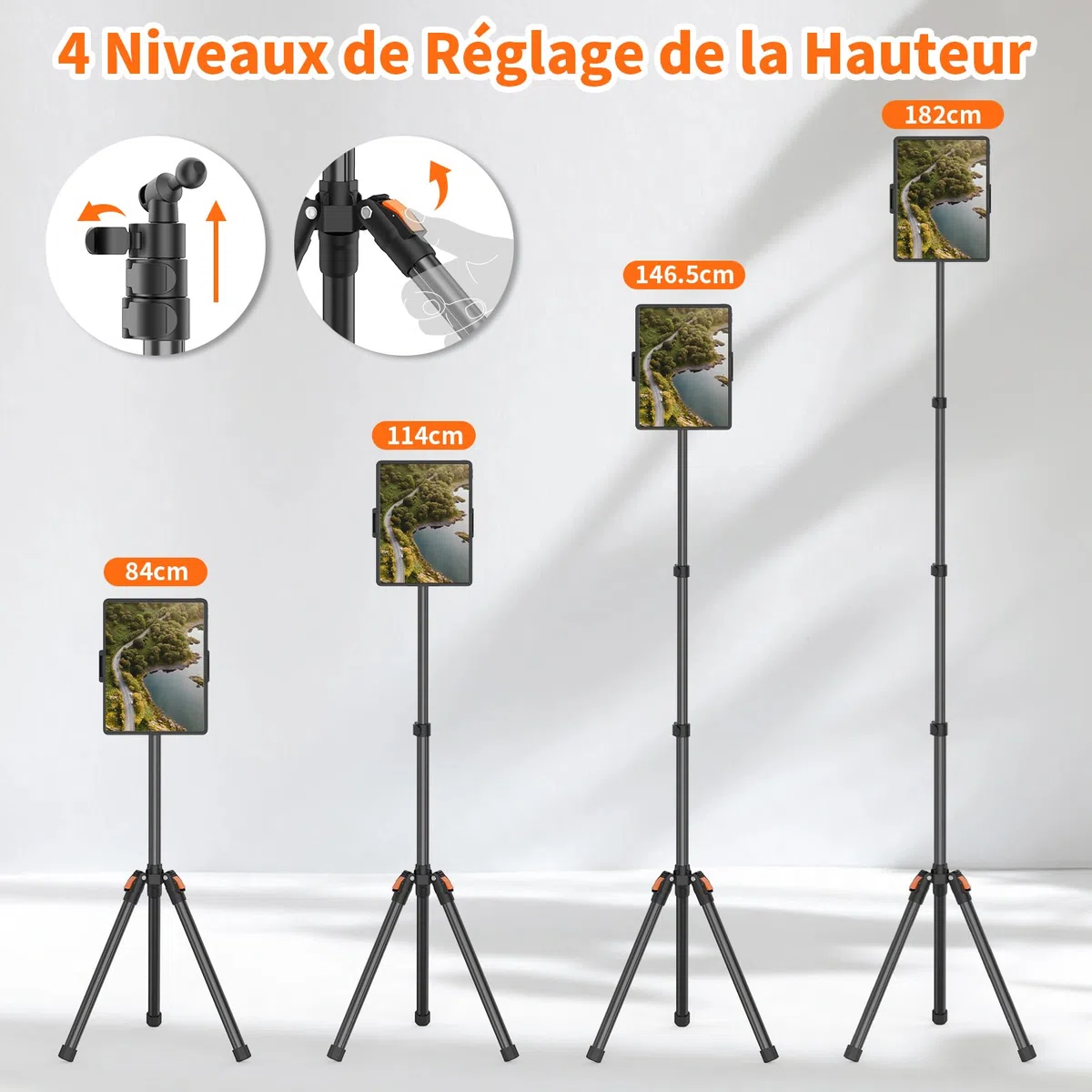 XXZU 182CM Support de Trépied pour Tablette, Trépied pour Téléphone Rotatif à 360° Support Tablette Lit Réglable en Hauteur Pliable pour Regarder/Diffuser en Direct Compatible avec Tablette Téléphone