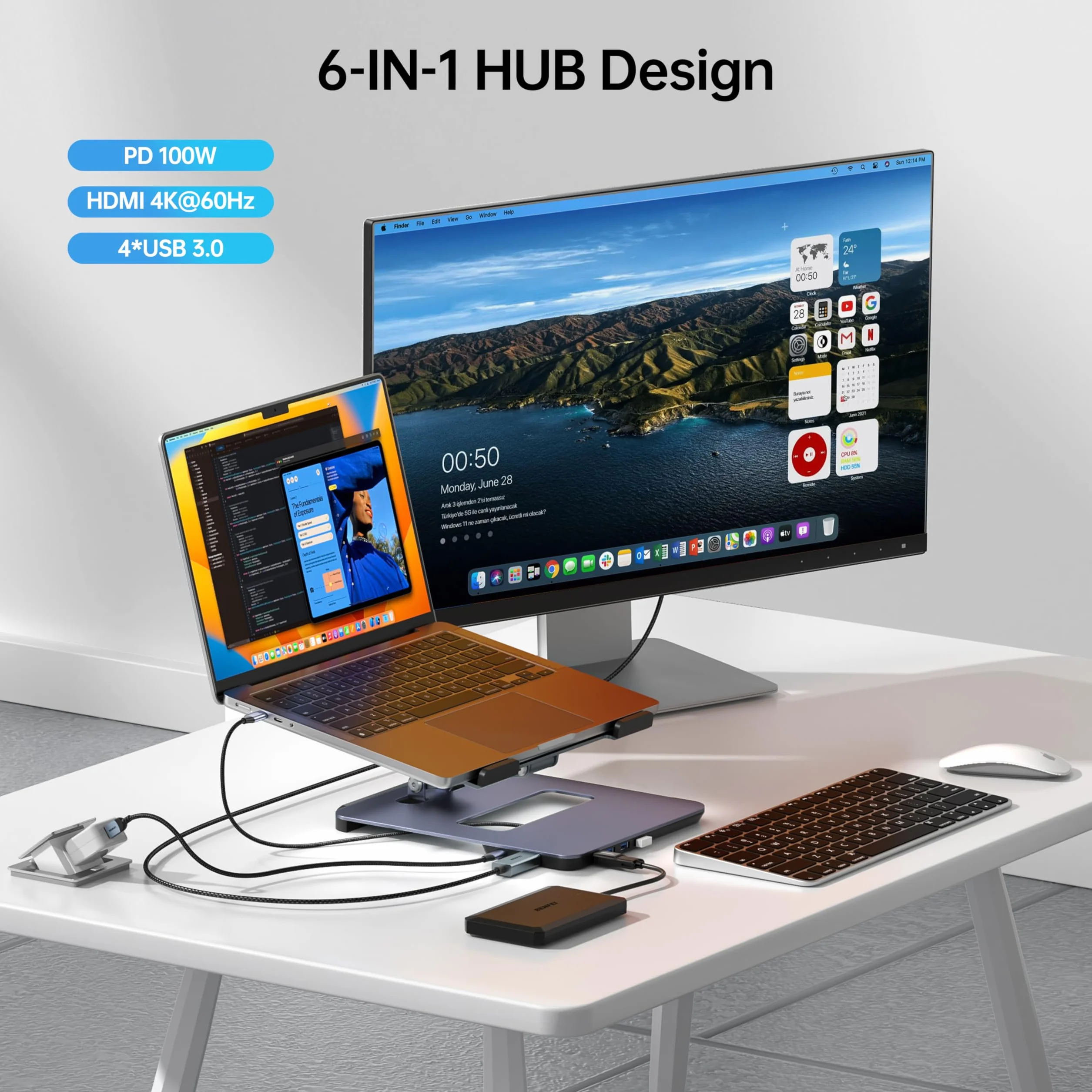 BENFEI Support Ordinateur Portable avec Hub 6 en 1, HDMI 4K@60Hz, 4*USB 3.0, PD 100W, Alliage D'aluminium, Refroidissement Rapide, Compatible avec MacBook Pro/Air, iPad Pro, XPS, Thinkpad