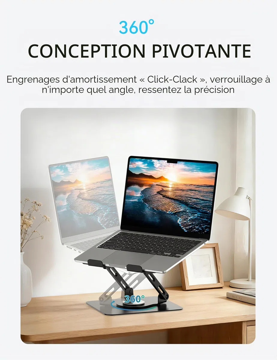 SOUNDANCE Support pour Ordinateur Portable avec Base rotative à 360°, rehausseur Ergonomique pour Bureau, Hauteur réglable Multi-Angle, Support Pliable, Support en métal Stable de 10 à 15,6", Noir