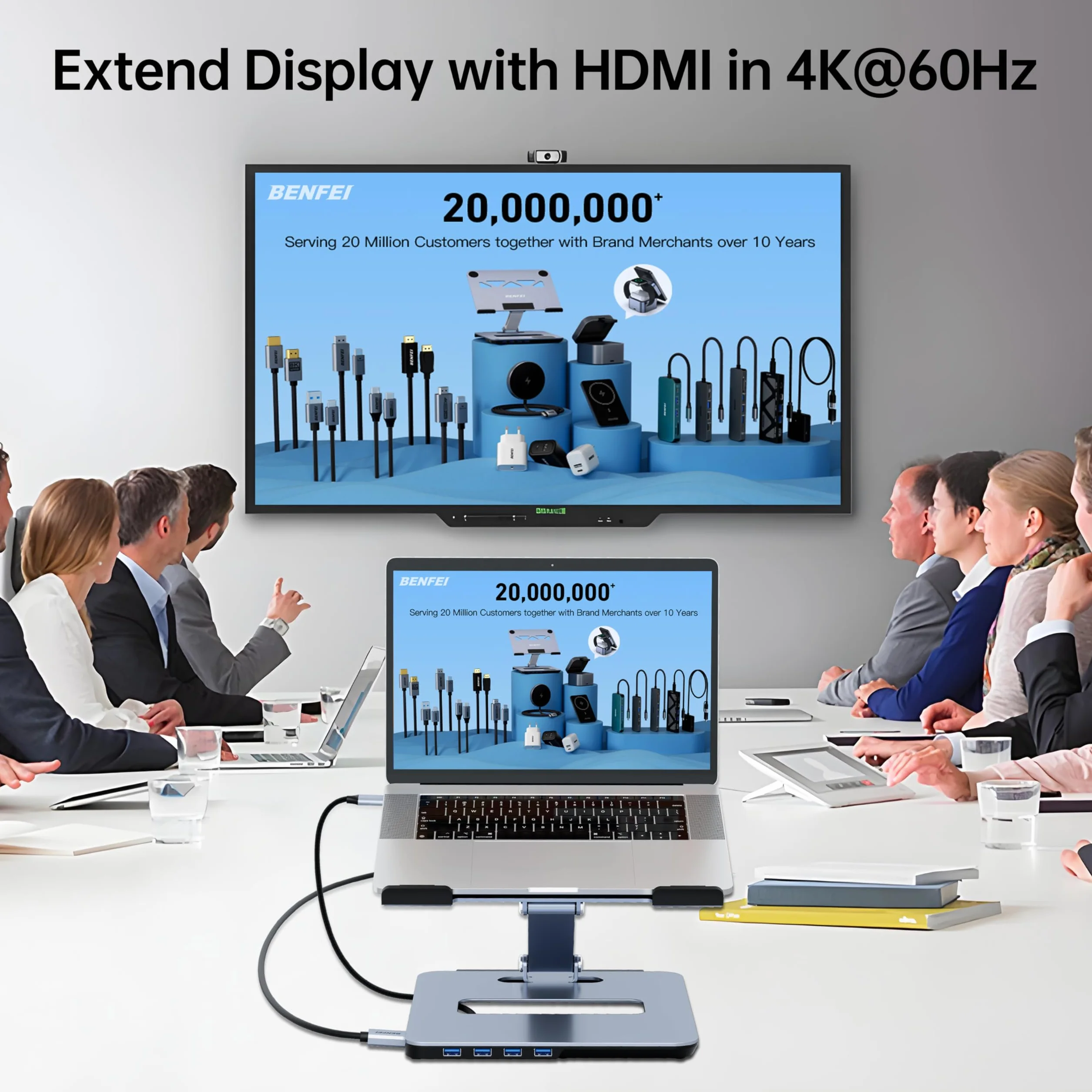 BENFEI Support Ordinateur Portable avec Hub 6 en 1, HDMI 4K@60Hz, 4*USB 3.0, PD 100W, Alliage D'aluminium, Refroidissement Rapide, Compatible avec MacBook Pro/Air, iPad Pro, XPS, Thinkpad