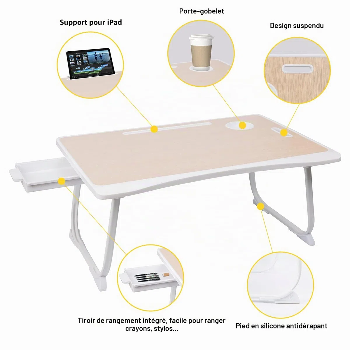 Amaredom Table pour Ordinateur Portable, Table de Lit, Support pour Ordinateur Portable, Support de Lecture avec Tiroir de Rangement et Porte-gobelet pour Boire sur Le Lit/Canapé - Chêne Blanc