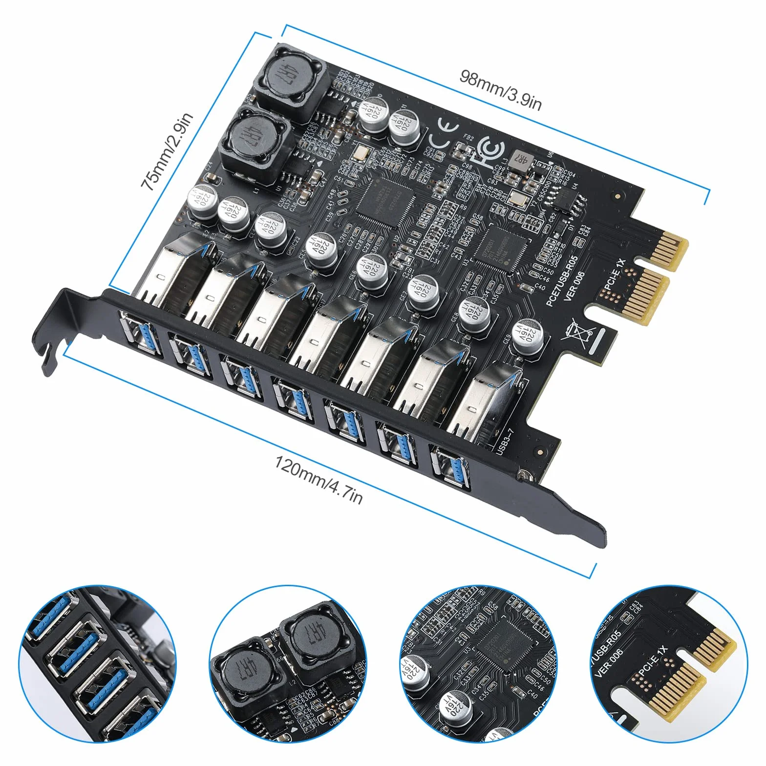 Carte PCIe avec 7 Ports USB 3.0,Carte d'extension PCI Express USB3.2 GEN 1(5 Gbit/s), Support UASP, Plug & Play, pour Windows 11/10/8/7/XP/Vista/Linux