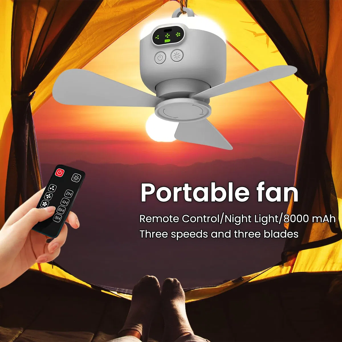 EagerMinds Lampe LED avec Ventilateur de Camping Rechargeable USB - 3 Vitesses - Pour la Pêche, la Randonnée, l'Extérieur