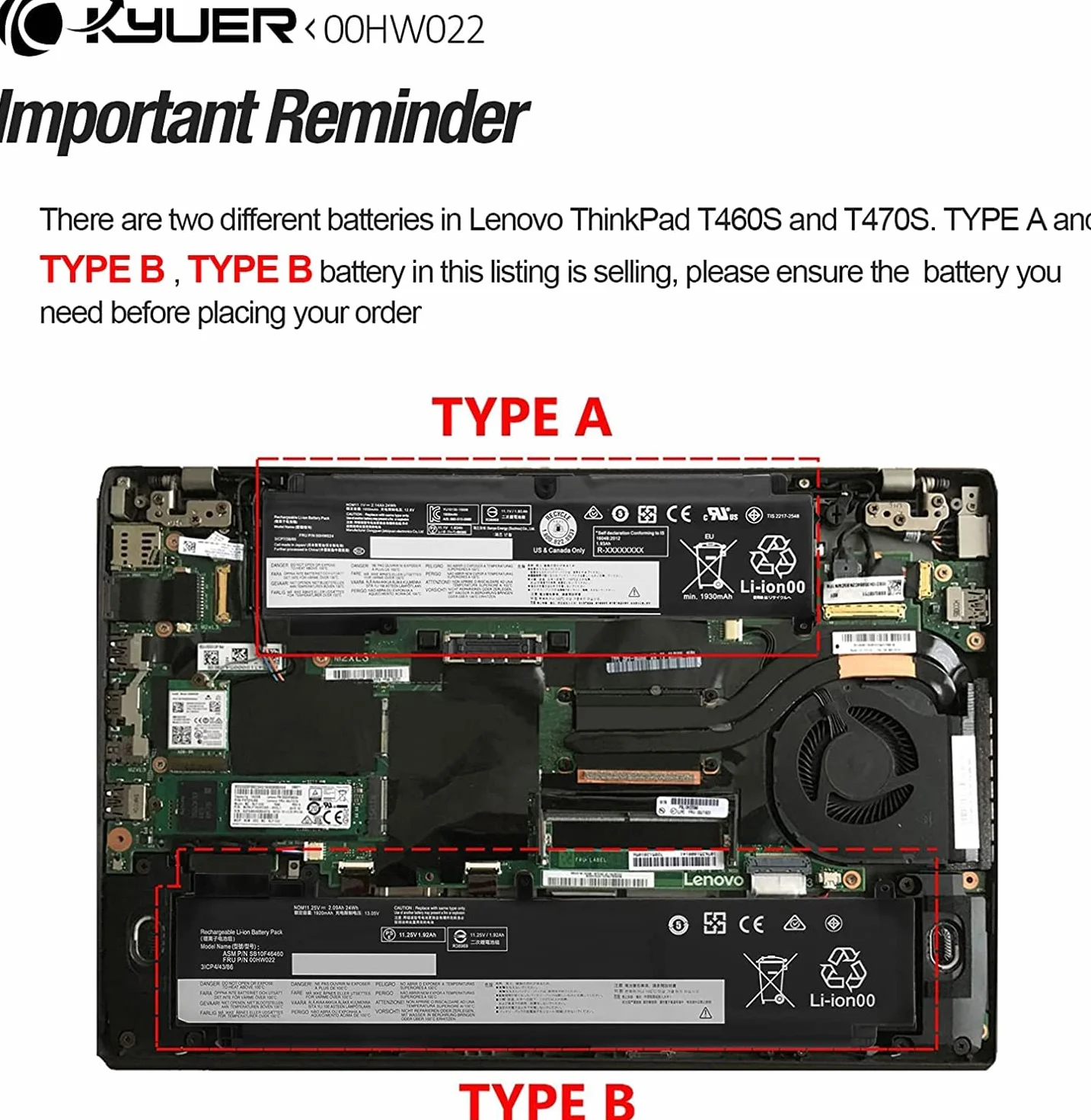 K KYUER 24Wh 00HW022 00HW023 Batterie pour Lenovo ThinkPad T460S T470S 20FA 20F9 20HF 20HG 20JT 20F9003SGE 20FA003GGE 20F90042GE 20FA0046PB 20HGS00V00 20HF004UGE 00HW036 SB10F46460 SB10F46461 Battery