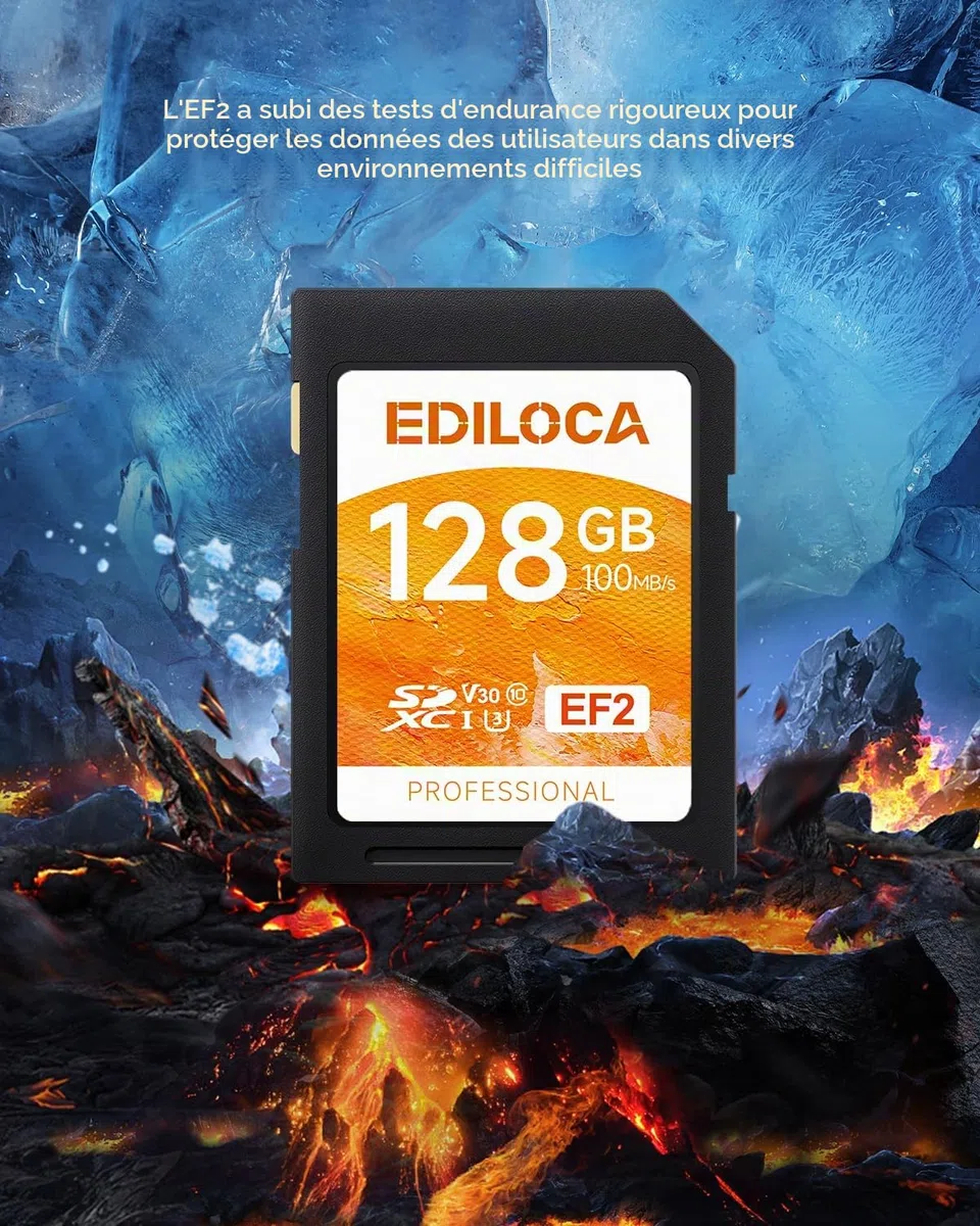 Ediloca EF2 Carte SD 128Go, Carte mémoire SD UHS-I, Lecture 100 Mo/s, écriture 90 Mo/s, C10, U3, V30, vidéo Full HD et 4K, pour photographes Professionnels