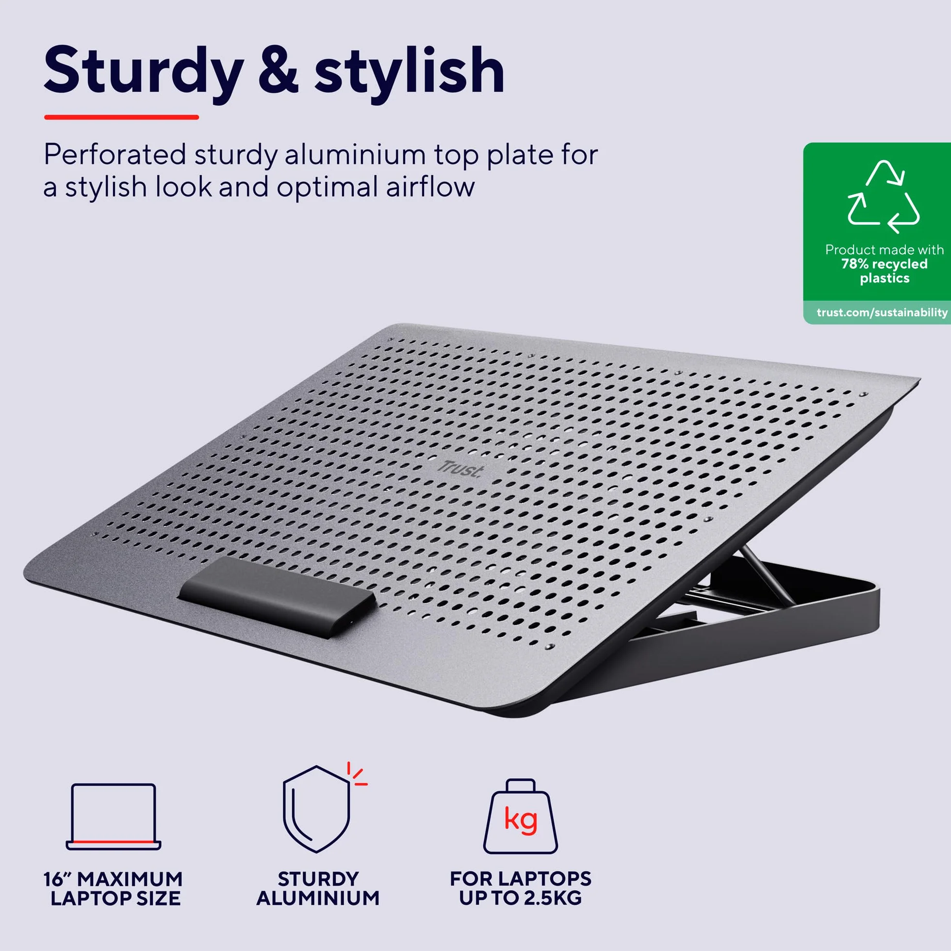 Trust Exto Support de Refroidissement pour Ordinateur Portable, Hauteur Réglable, avec Un Ventilateur, Fabriquée à Partir de Matériaux Recyclés, Stand pour Notebook, Macbook, HP, Lenovo, Dell