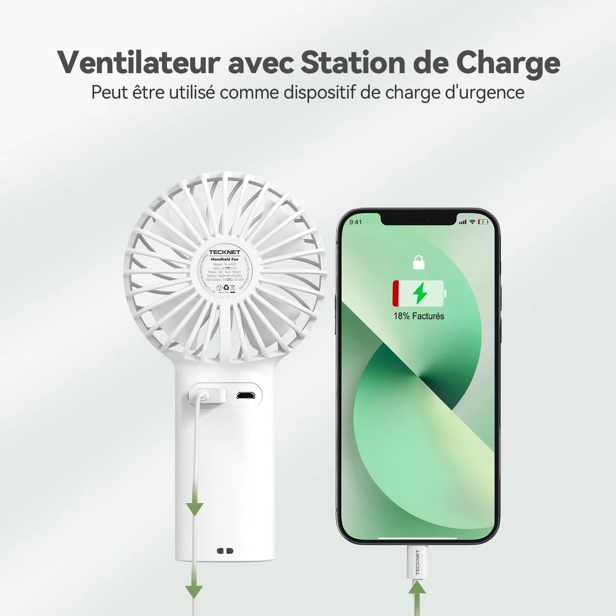 TECKNET Mini Ventilateur Portable 7000mAh, Ventilateur USB avec Fonction Power Bank, Ventilateur Silencieux à 3 Vitesses Réglables, Ventilateur de Poche pour Bureau/Voyage/Extérieur, Blanc