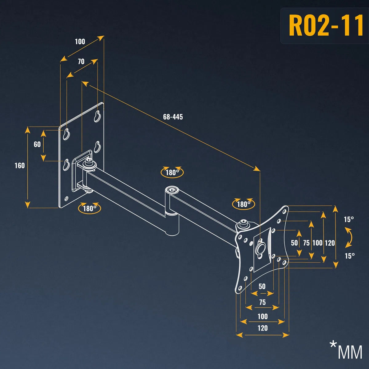 RICOO R02-11 Support Écran PC TV Mural 13 17 19 22 24 27 28 32 34 Pouces Supprot Mural VESA 50x50 75x75 100x100 Max 20 Kg Orientable Inclinable Fixation Moniteur Bras pour Moniteurs | Support TV mural orientable VESA 75 x 75 100 x 100 - Support d'écran in