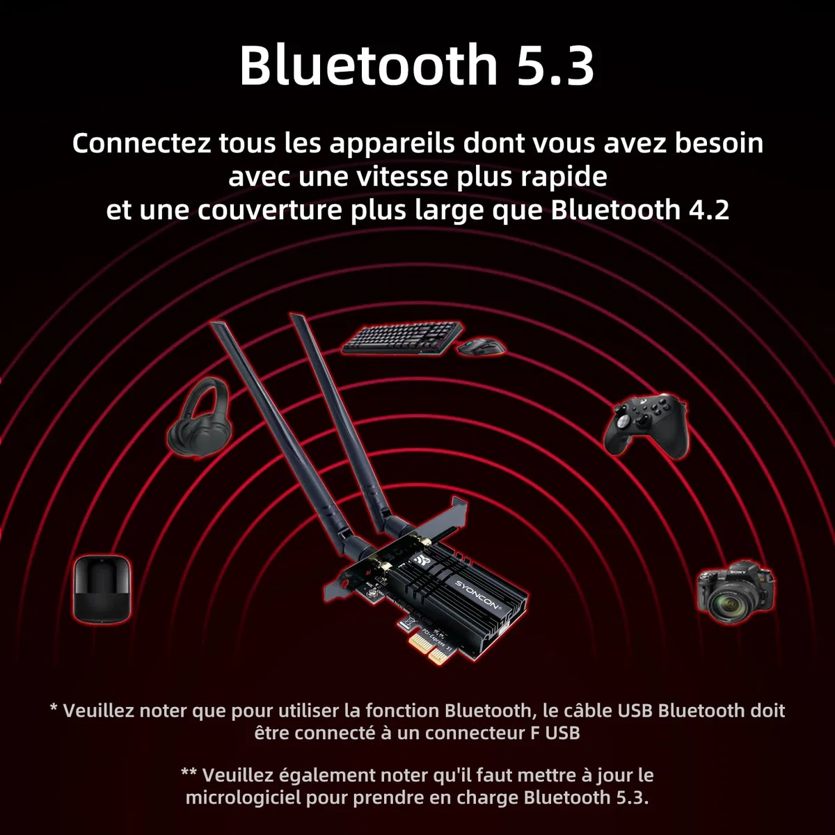 Carte WiFi PCIe AXE5400 Chipset Intel AX210 WiFi 6E avec Bluetooth 5.3 Tri-Bandes (6GHz/5GHz/2.4GHz) 5374Mbps PCI Express Carte réseau sans Fil Carte WiFi pour PC Windows 10/11 (Noir)