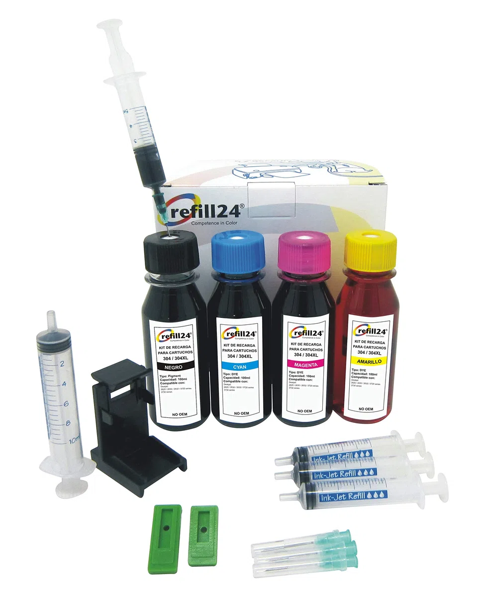 refill24 Kit de Recharge Compatible pour Cartouches d'encre HP 304, 304 XL Noir et Couleur, Encre de Haute qualité avec Clip et Accessoires