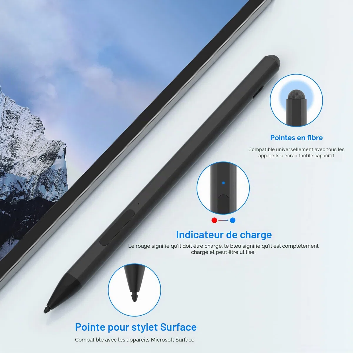 Stylet pour Surface Pro 12/11/10/9/8/7, Stylo Rechargeable avec Rejet de la Paume, 4096 Niveaux de Pression, Magnétique pour Surface Laptop 1-5, Surface Go 4/3/2, Book, Studio