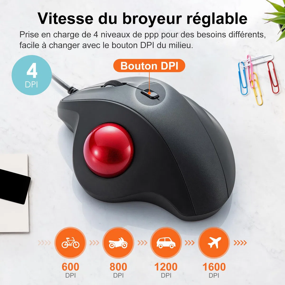 SANWA Souris Trackball Filaire, Ergonomique Souris avec Câble USB, Clic Silencieux, 600-1600 DPI, Interface Type A et Type C, Contrôle Pouce, Compatible avec Mac, Laptop, Ordinateur, Windows, Noir
