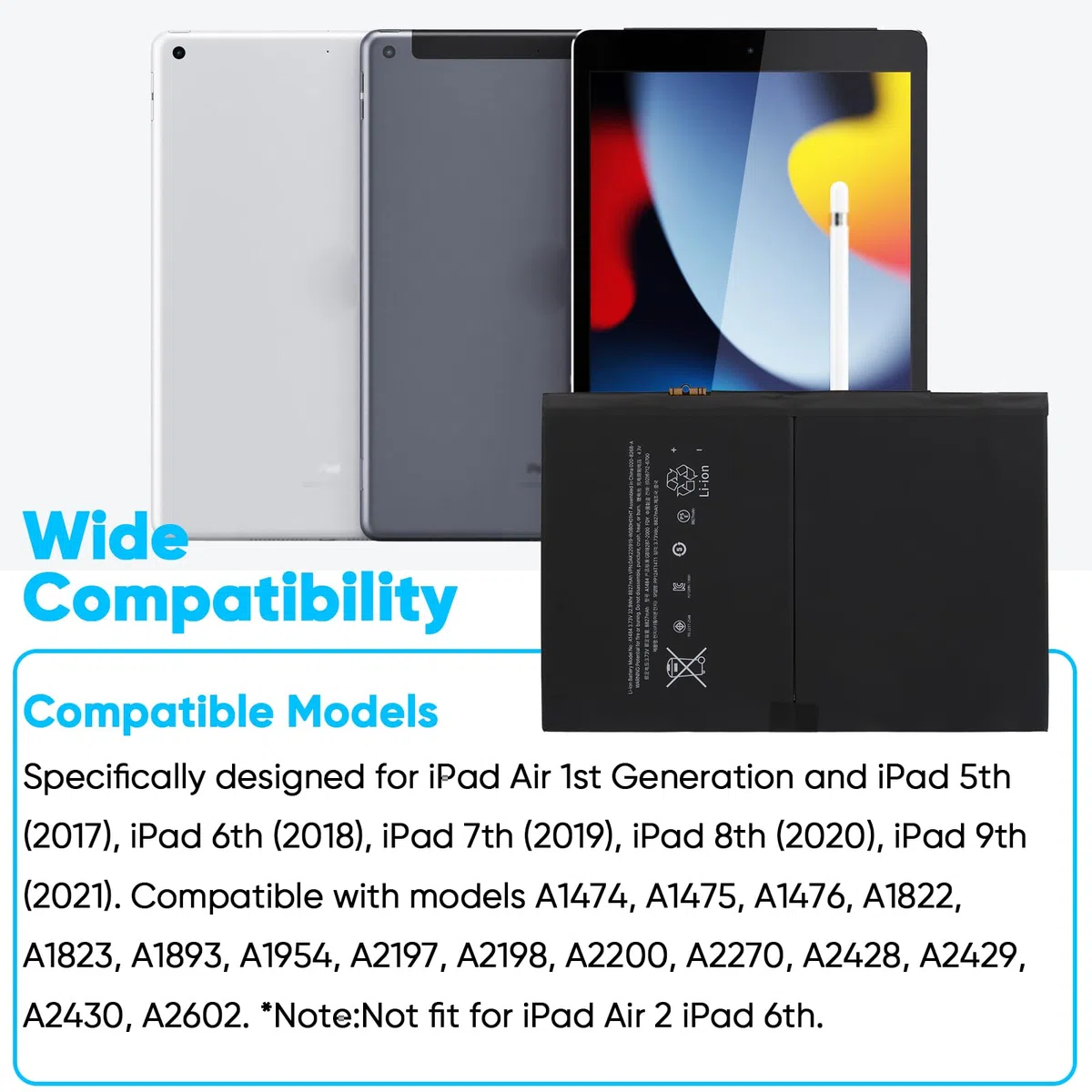 Batterie A1484 Compatible avec iPad Air 1re Génération & iPad5/6/7/8/9 (2017-2021), Models A1474 A1475 A1822 A1893 A2197 A2270 A2428 A2602, [32,9 Wh 3,73 V 8827 mAh]