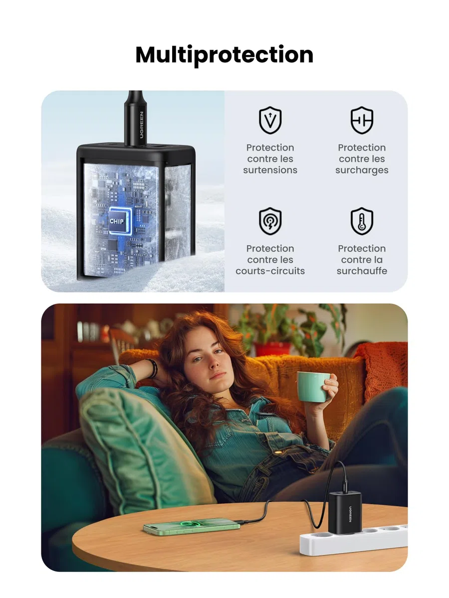 UGREEN Zapix 65W Chargeur USB C Rapide 3 Ports GaN Tech Compatible avec iPhone 17 Pro Max Air 16 15 14 13 12 iPad MacBook Neo Air Pro M5 M4 M3 M2 M1 Galaxy S26 S25 S24 A15 Pixel 10 9 8 XPS (Noir)