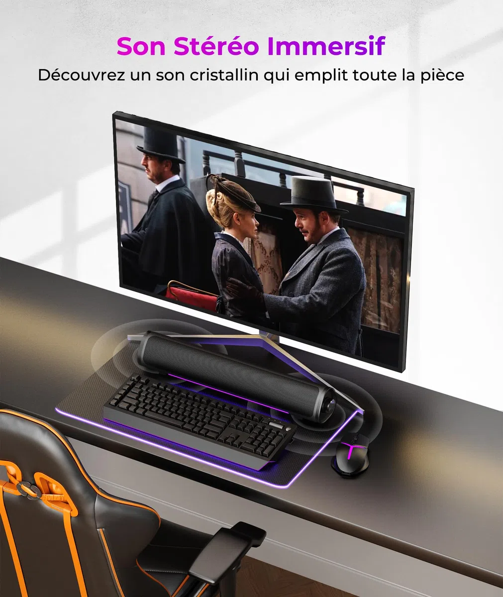 Enceintes d'Ordinateur de Bureau et Gaming, Barre de Son, Plug and Play – Alimentation USB d'Audio 3,5 mm, Éclairage RVB Dégradé, Commande à un Bouton, pour PC/Portable/Moniteur (USB et 3,5 mm)