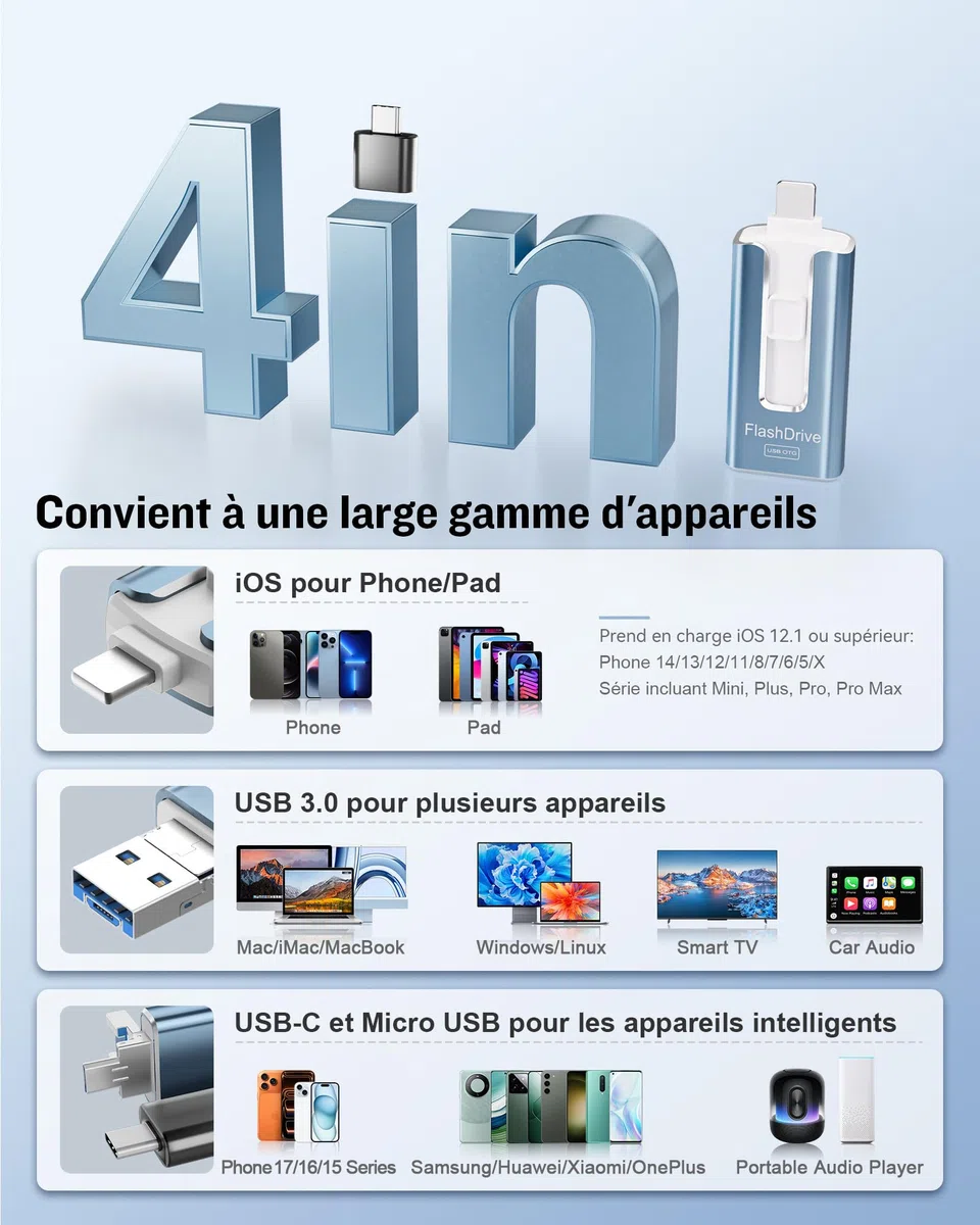 GNASEET Clé USB 256 Go, Transfert Grande Vitesse 3.0, 4 en 1, Stockage Photos, Vidéos, Fichiers pour iOS, Android, Pad, Type C et PC (Bleu)