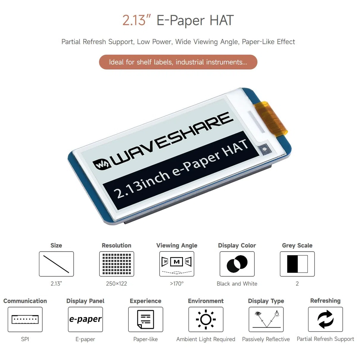 Waveshare 2.13inch E-Paper Display Hat, 250x122 Resolution, Supports Black/White 2-Color, for Raspberry Pi Zero/Zero W/Zero WH for pwnagotchi Project