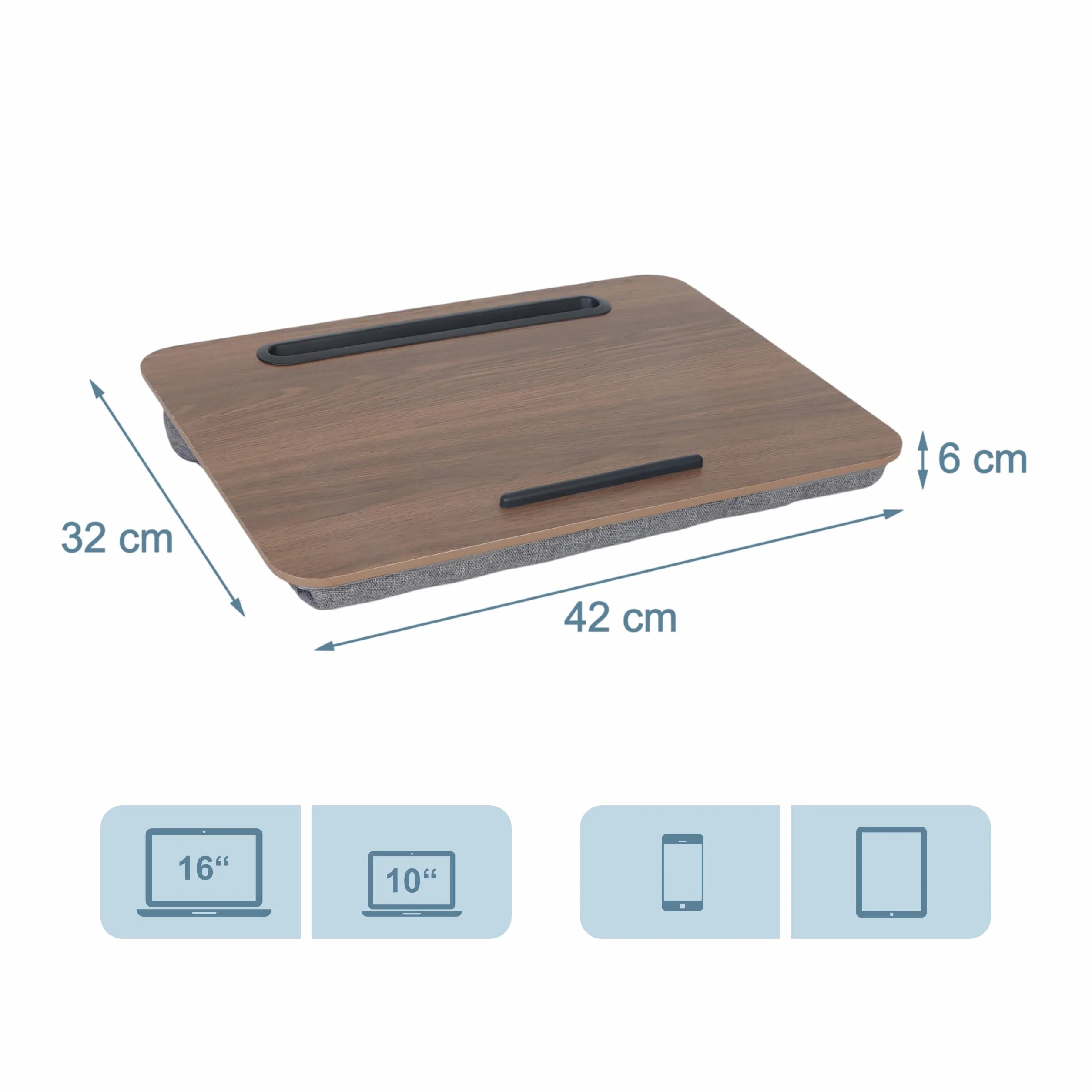 Coussin pour Ordinateur Relaxdays avec Support pour téléphone, 42 x 32 cm, Plateau au lit et sur Le canapé, Marron/Gris