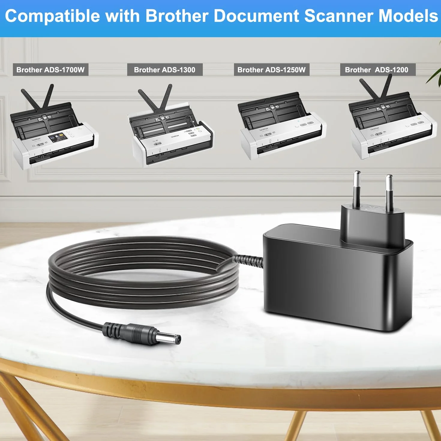 KFD Adaptateur secteur chargeur pour Brother ADS-1800W ADS-1300 ADS-1190 ADS-1200 ADS-1250W ADS-1700W ADS-1300 ADS-1350W scanner de documents Epson Workforce ES-200 ES-300W ES-300WR A491H 11B24 1201