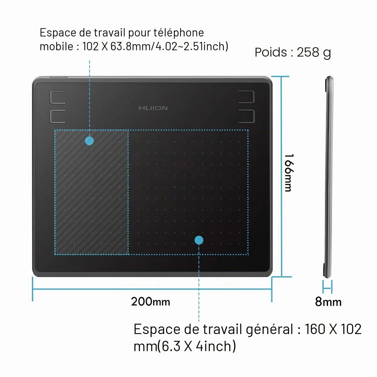 HUION HS64 Tablette Graphique Numériques, Support Android, OSU, Tablette de Dessin de 6,3x4 Pouces avec 4 clés Express, Stylet sans Batterie 8192, Idéal pour Débutant et Joue OSU