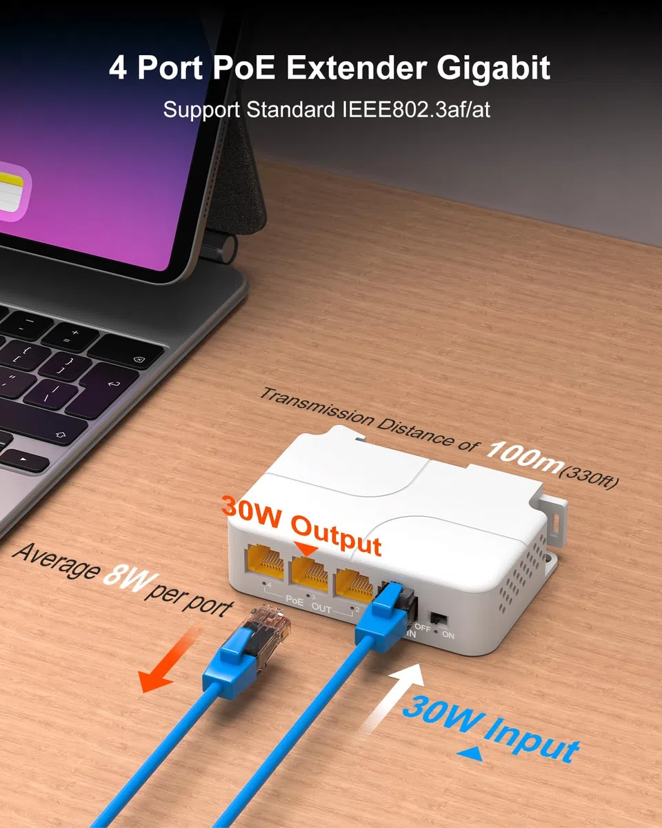VIMIN Extendeur PoE Gigabit 4 Ports, 1 in 3 Out Répéteur PoE Intérieur Compatible IEEE802.3af/at + 1000 Mbps, Montage Mural et sur Rail DIN, Distance de Transmission de 100 m (328 pi), Plug & Play