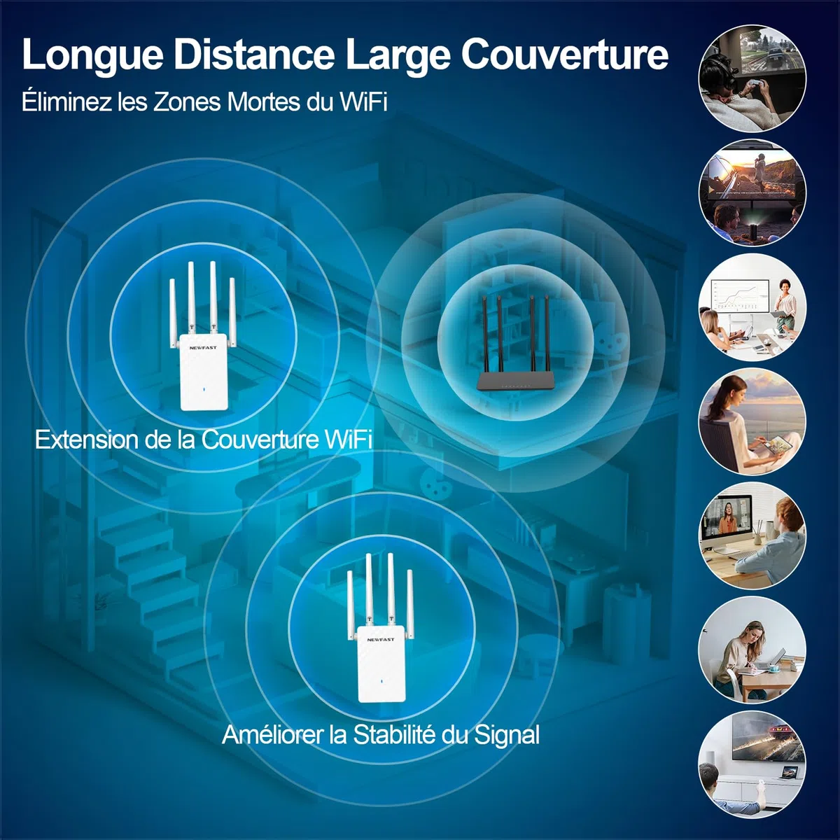 NEWFAST Répéteur WiFi Puissant N300Mbps NF-RE516, 2.4GHz Amplificateur WiFi Puissant avec WPS, Repetiteur WiFi sans Fil Compatible avec Toutes Les Box Internet, 4 Antennes, 3 Mode