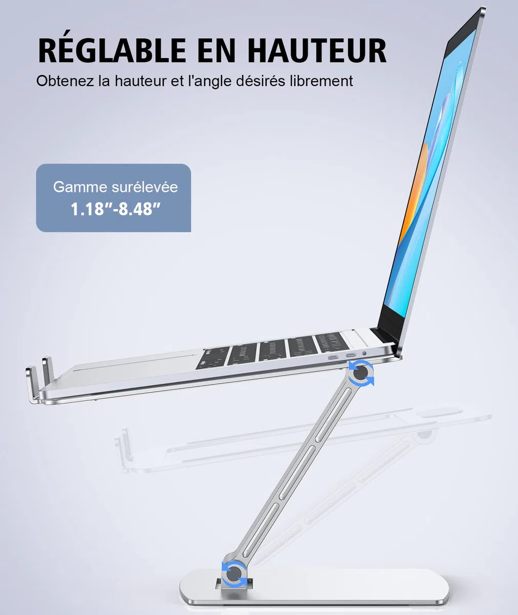 Glangeh Support Ordinateur Portable Pliable, Support PC Portable Aluminium Ergonomique, Laptop Stand Compatible avec MacBook Air Pro, XPS et Plus d'Ordinateurs Portables 10-16 Pouces