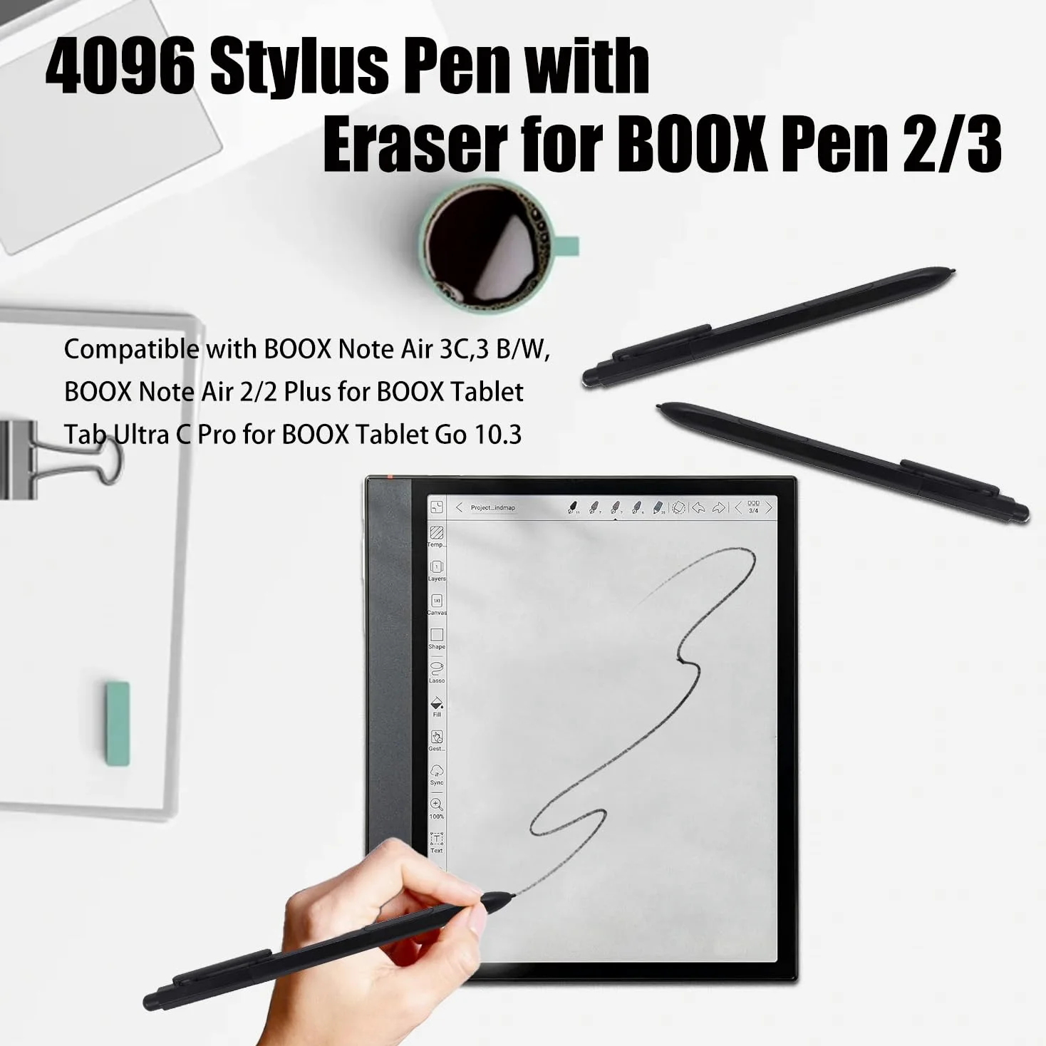 4096 Stylet avec gomme pour BOOX Pen 2/3 compatible avec Note Air 3C, 3B/W, Note Air 2/2 Plus et Tab Ultra C Pro pour BOOX Tablet Go 10.3