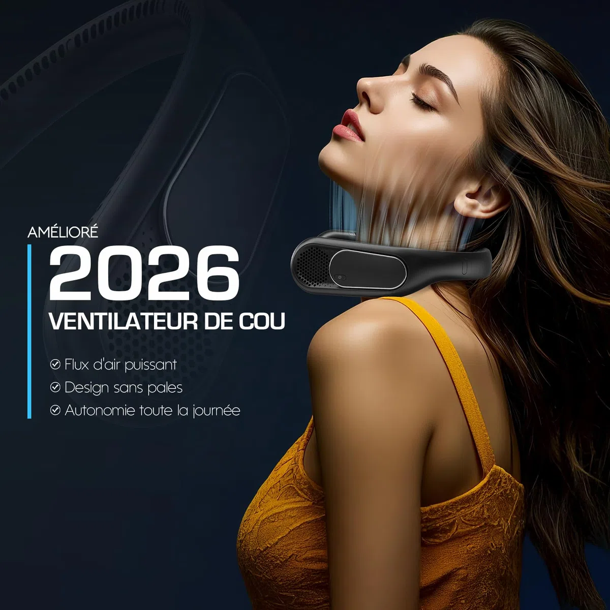 Ventilateur de Cou 6000mAh, Ventilateur Cou Sans Pales Portable, 4 Vitesses, Rechargeable USB, Longue Autonomie, pour Voyage, Bureau et Extérieur
