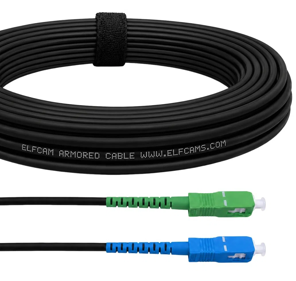 Elfcam® - Câble à Fibre Optique en Acier Blindé Compatible avec Freebox, Convient aux Installations Extérieur et Intérieur, SC/APC à SC/UPC Monomode Noir, 20M