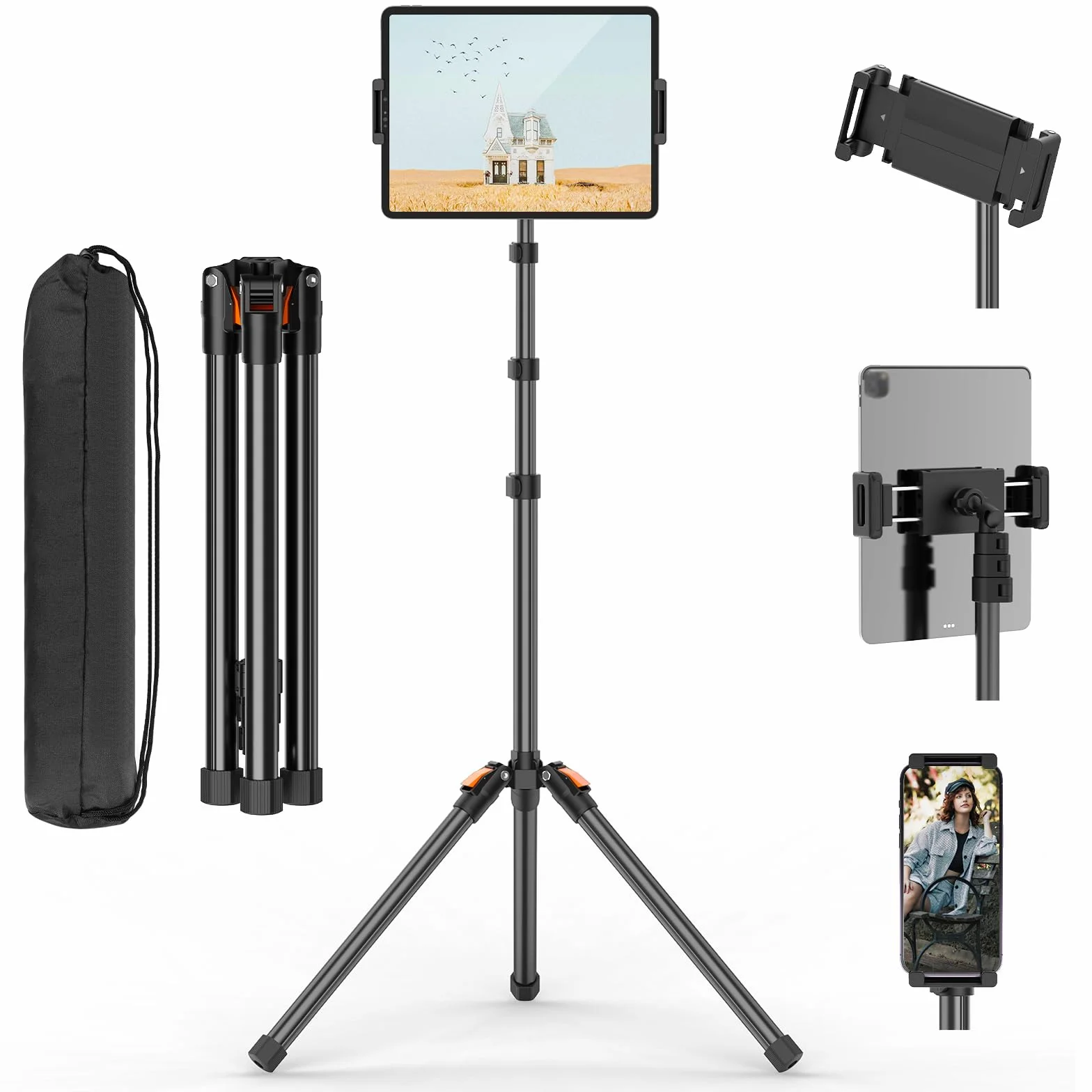 XXZU 182CM Support de Trépied pour Tablette, Trépied pour Téléphone Rotatif à 360° Support Tablette Lit Réglable en Hauteur Pliable pour Regarder/Diffuser en Direct Compatible avec Tablette Téléphone