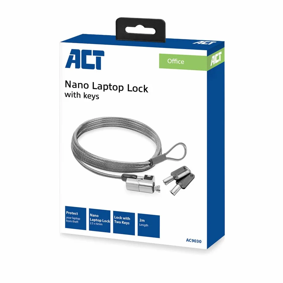 ACT AC9030 Câble de sécurité pour ordinateur portable 2 m, câble Keyed Cable, Nano Slot pour ordinateur portable, tête de serrure pivotante, serrure pour ordinateur portable HP, câble antivol portable