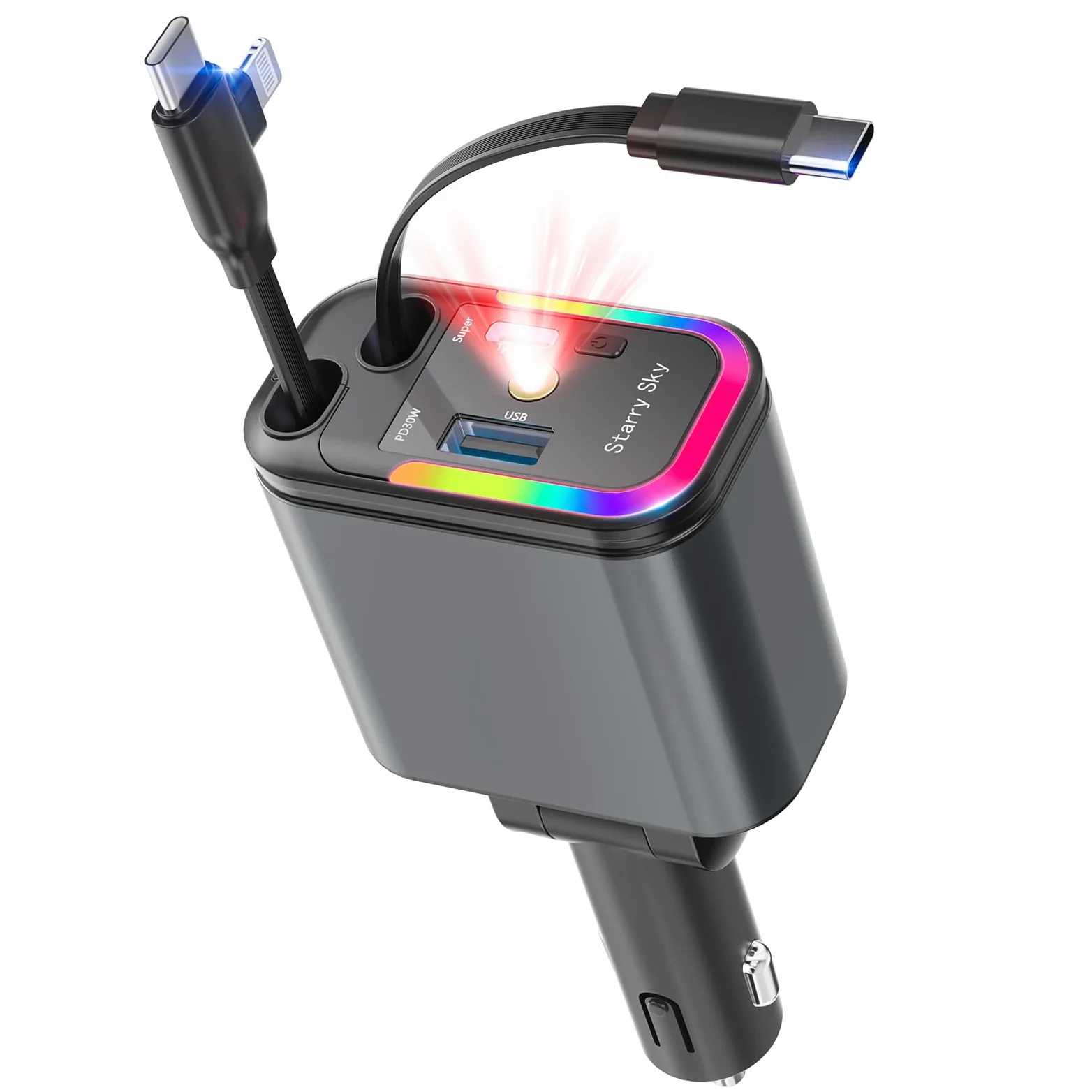 Allume-Cigare USB, Chargeur de Voiture avec projecteur Ciel étoilé, Chargeur de Voiture 120 W, 30 W intégré, Extensible Type-C et USB-C (65 cm), Adaptateur USB 12 V pour iPhone/Android