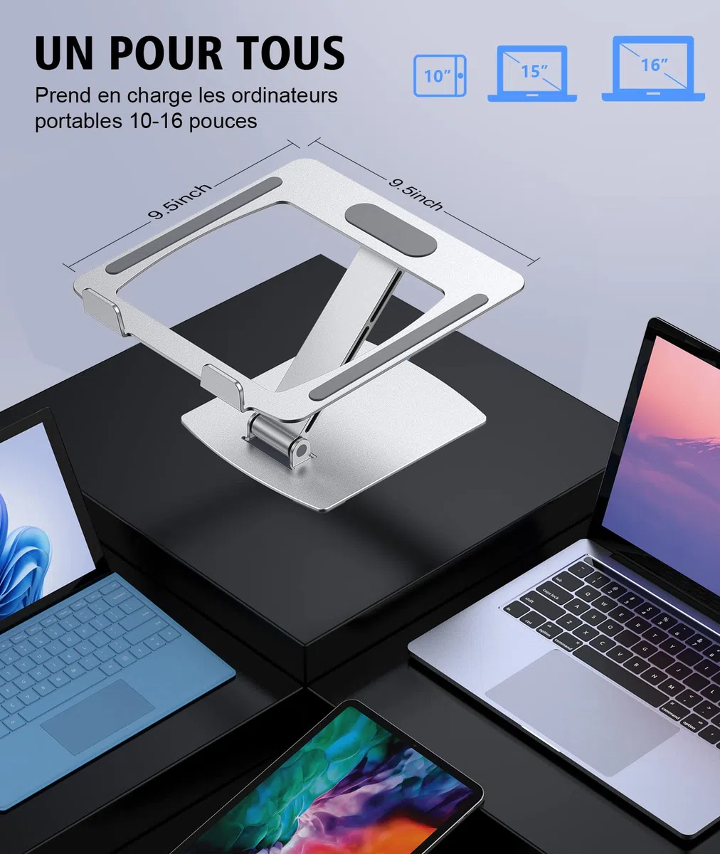 Glangeh Support Ordinateur Portable Pliable, Support PC Portable Aluminium Ergonomique, Laptop Stand Compatible avec MacBook Air Pro, XPS et Plus d'Ordinateurs Portables 10-16 Pouces