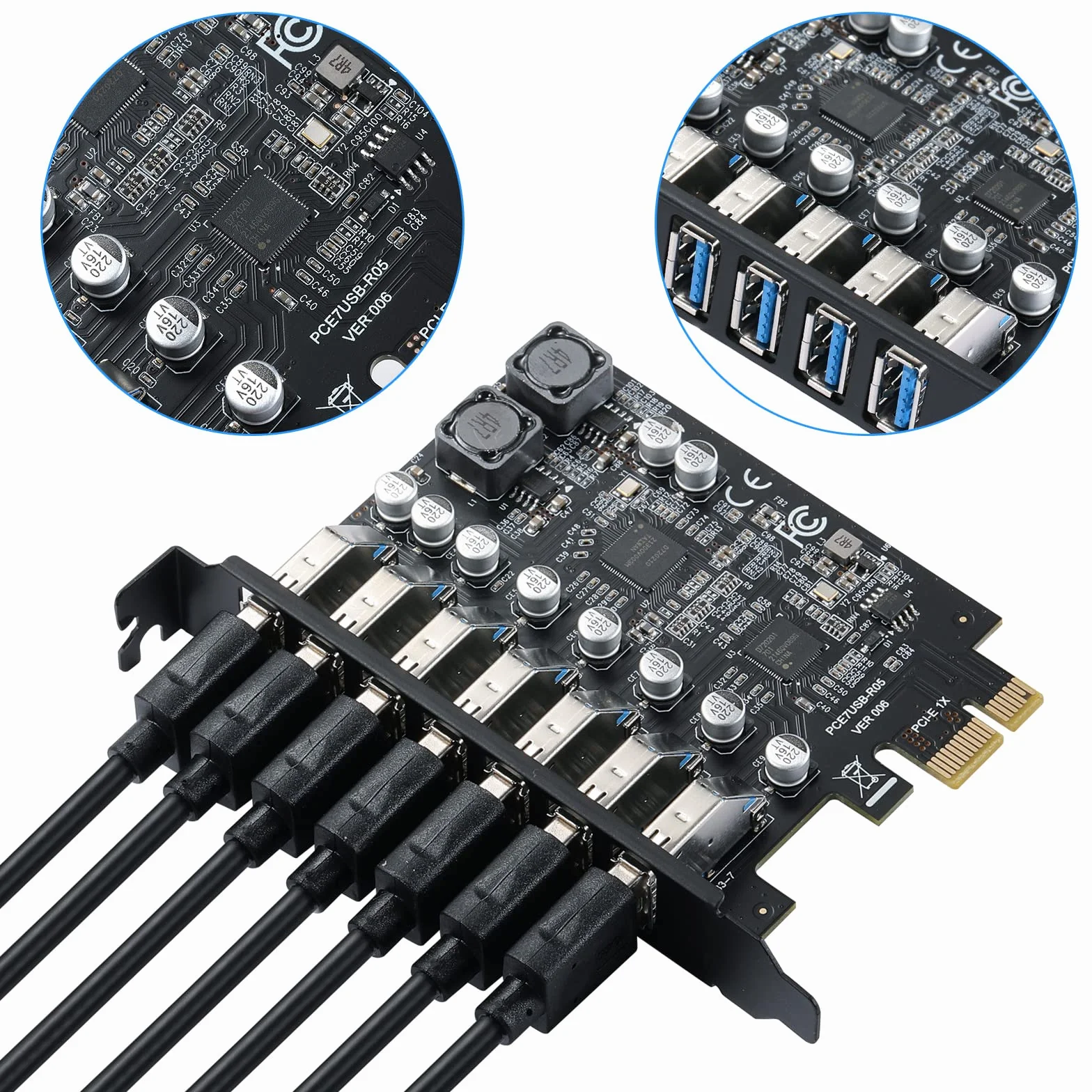 Carte PCIe avec 7 Ports USB 3.0,Carte d'extension PCI Express USB3.2 GEN 1(5 Gbit/s), Support UASP, Plug & Play, pour Windows 11/10/8/7/XP/Vista/Linux