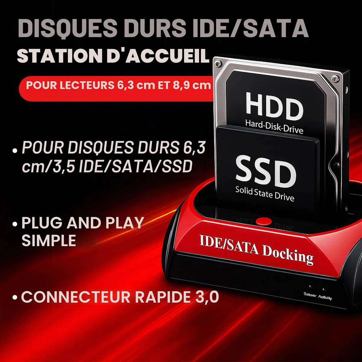 Retoo SATA SSD/HDD Dock pour Disque Dur, 2.5” – 3.5”, SATA I/II/III IDE USB 3.0 Jusqu'à 480 Mb/s, Fonction OTB, Plug&Play, Indicateurs LED, Transfert De Données SATA 1,5GB/s - 3GB/s Stations D'accueil
