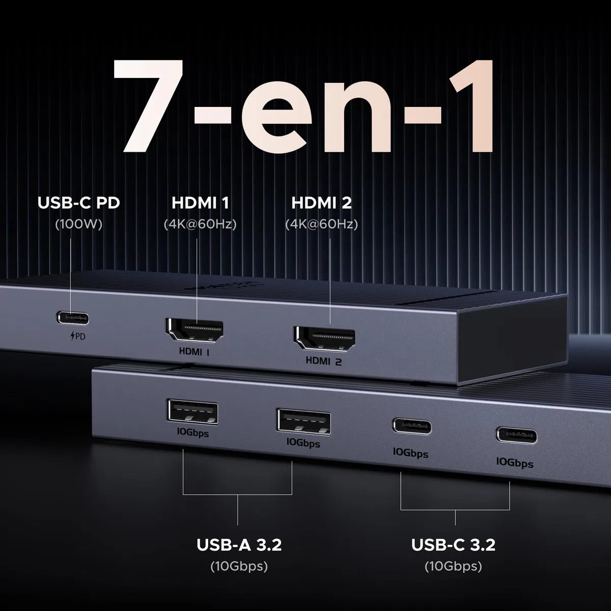 UGREEN Revodok Pro 207 Docking Station Hub USB C Dual HDMI 4K 60Hz PD 100W 7 en 1 Station Accueil Adaptateur Multiports USB 2A2C 10Gbps Extension 2 Écrans pour Windows MacOS