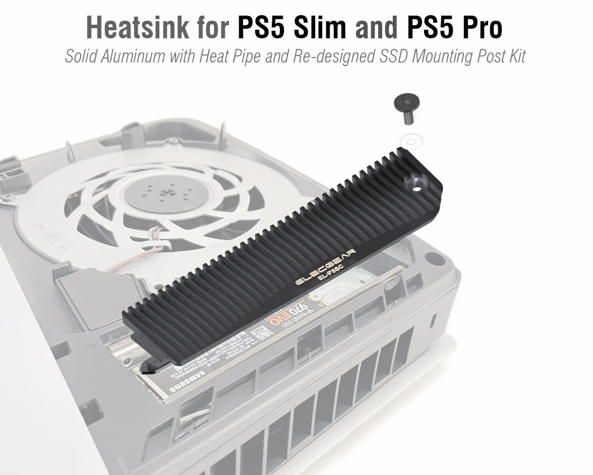 ElecGear Dissipateur de Chaleur pour PS5 Pro et Slim SSD, Caloduc + Refroidisseur de Radiateur en Aluminium Heatsink pour interne PCIe M.2 NVMe, Kit de Montage SSD repensé (EL-P5SC)