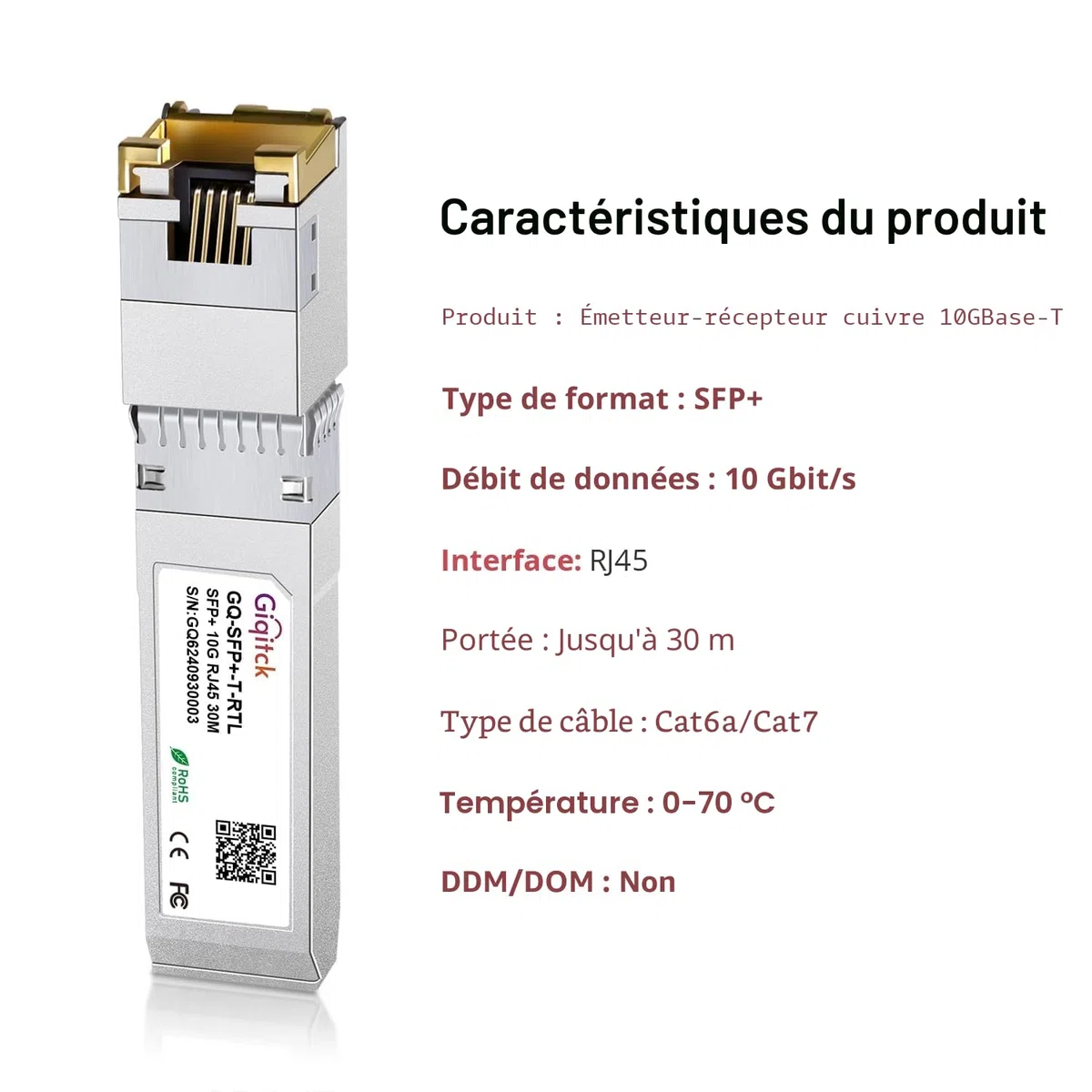 Newest 10GBASE-T SFP+ à RJ45 Transceiver, 10G Module SFP+ vers RJ45 en Cuivre 10G avec Puce Realtek pour Cisco SFP-10G-T-S, Ubiquiti UF-RJ45-10G, Netgear, Supermicro, Linksys, jusqu'à 30m