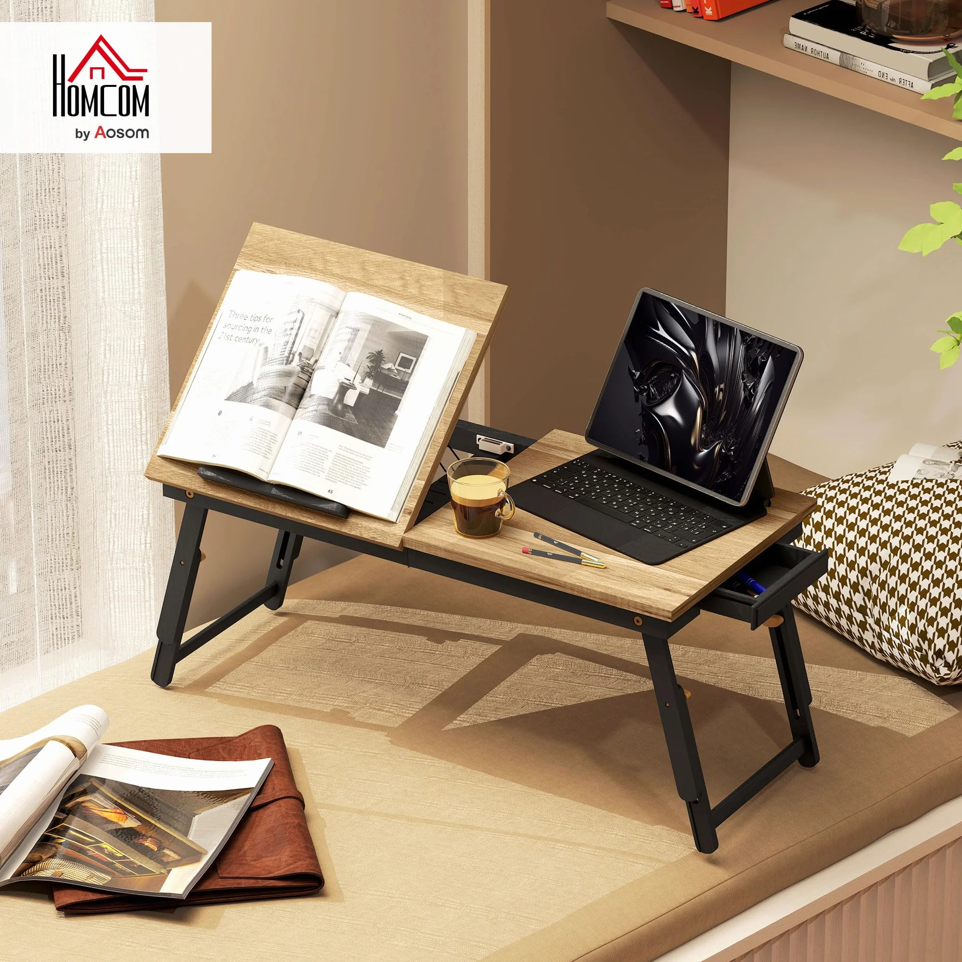 HOMCOM Table de lit Pliable et réglable, Plateau pour Ordinateur Portable avec Plateau inclinable, tiroir, Bureau de lit en Bambou, 83,5l x 33P x 23,5-34H cm, chêne